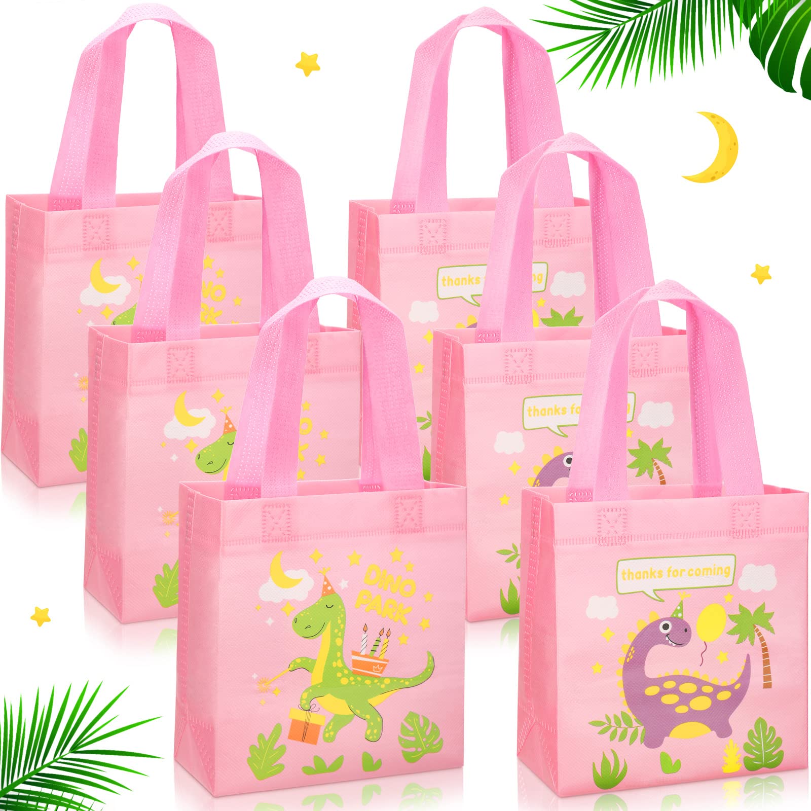 Shappy30 PCS Girl Dinosaur Party Supplies Candy Bags Reusable Favor Pink 2 Style Bag Suffers with Handles Non-woven Dino Treat Small Totes for Kids Birthday Decoration