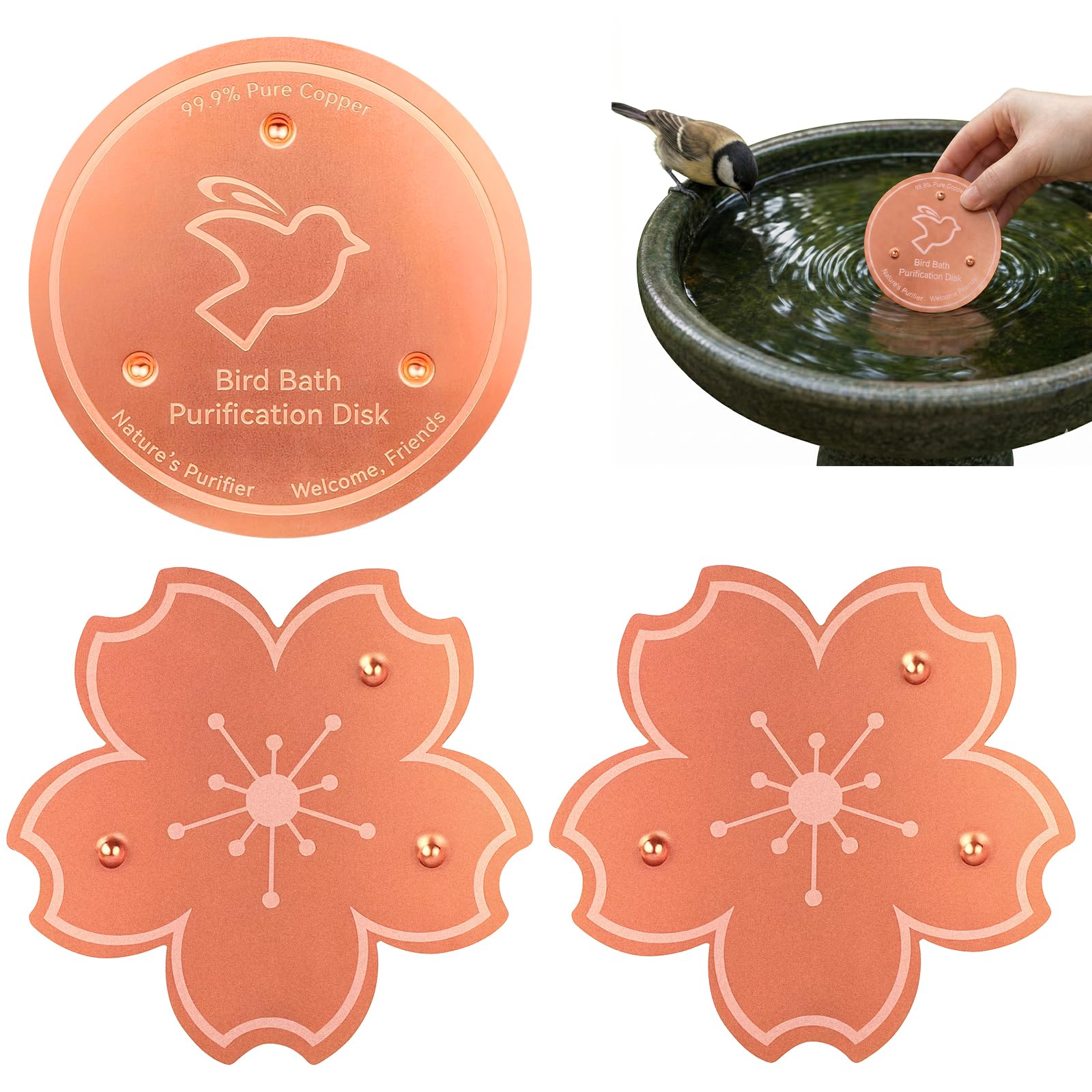 Hounyou 3 Pcs 99.99% Bird Bath Copper Disk, Bird Bath Purification Disc for Physical Clean Water All Season Outdoor Birdbaths