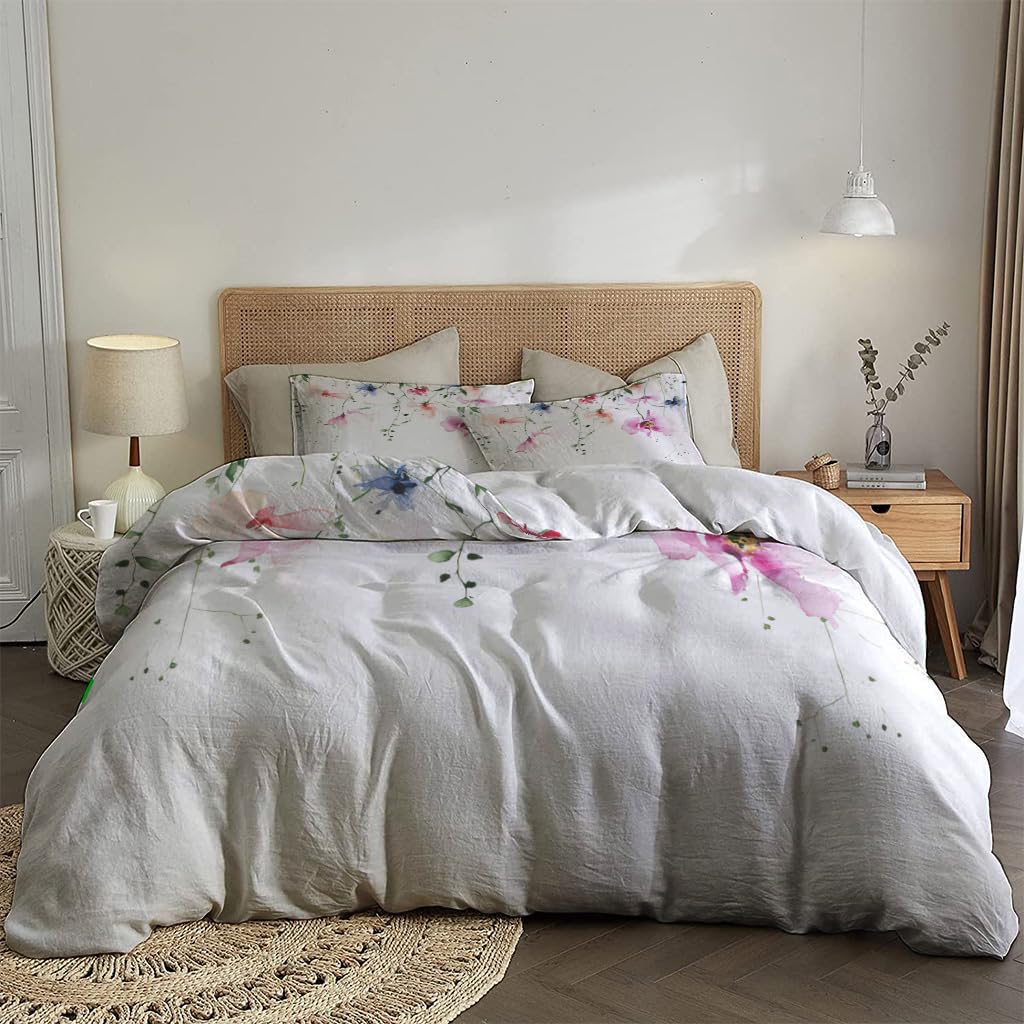 NIBAINLO 布団カバー水彩画-花柄-ピンク-オレンジ-ブルー-野生の花 肌に優しい ピーチスキン加工 掛け布団カバー 和式 洋式 あったか 布団カバーセット リバーシブル ホームステイ ホテル 家庭兼用