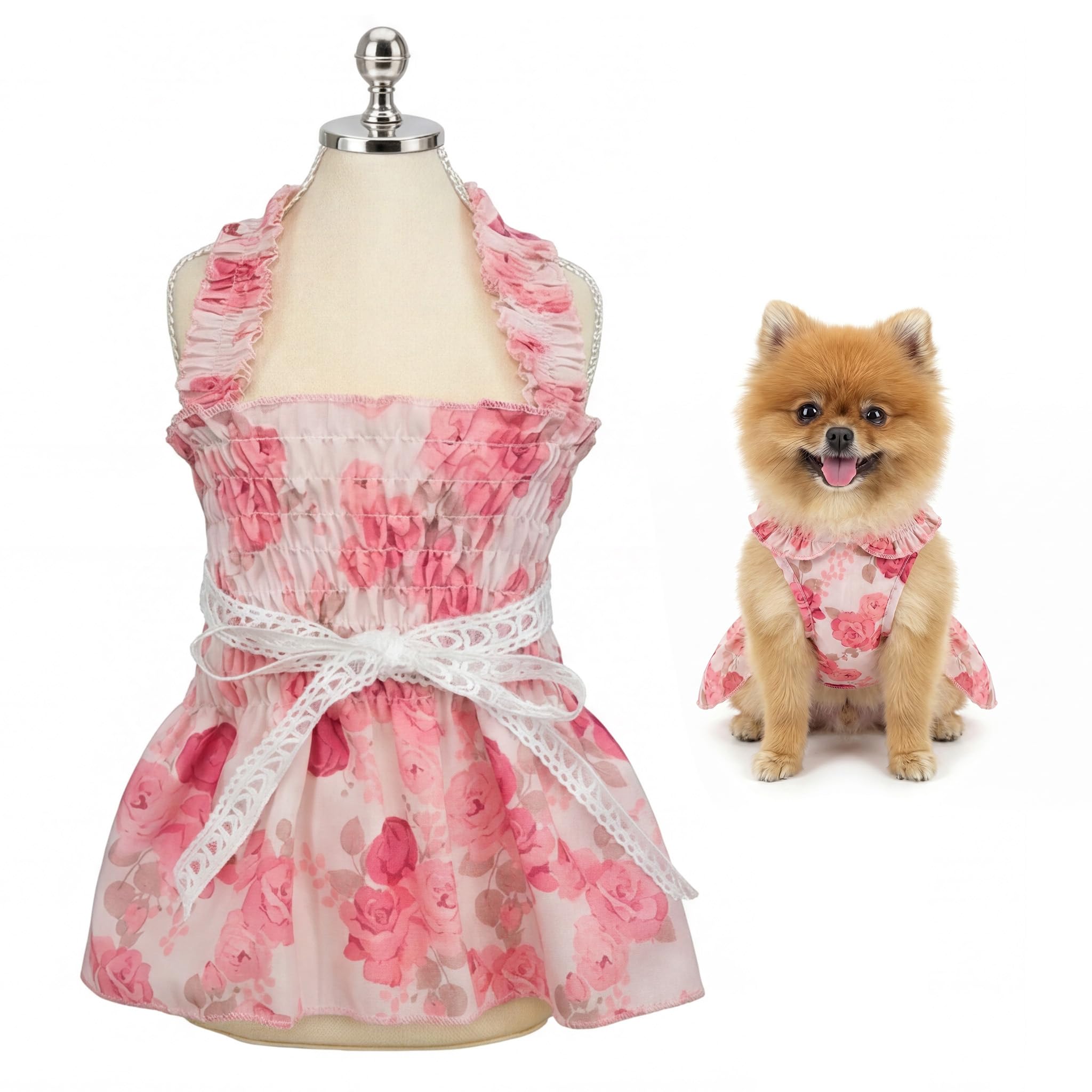 SMALLLEE_LUCKY_STORE Floral Dog Dress with Lace Bowknot, Female Puppy Sundress with Ruffle Strap, Breathable Spring Summer Clothes for Small Dogs Cats, Pink,S
