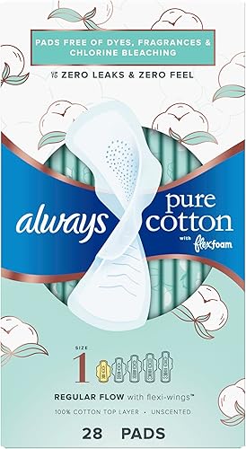 Miniatura 6 de Always Almohadillas femeninas de algodón puro para mujer, almohadillas FlexFoam con alas, talla 1, absorción regular, sin perfume, 84 unidades (3