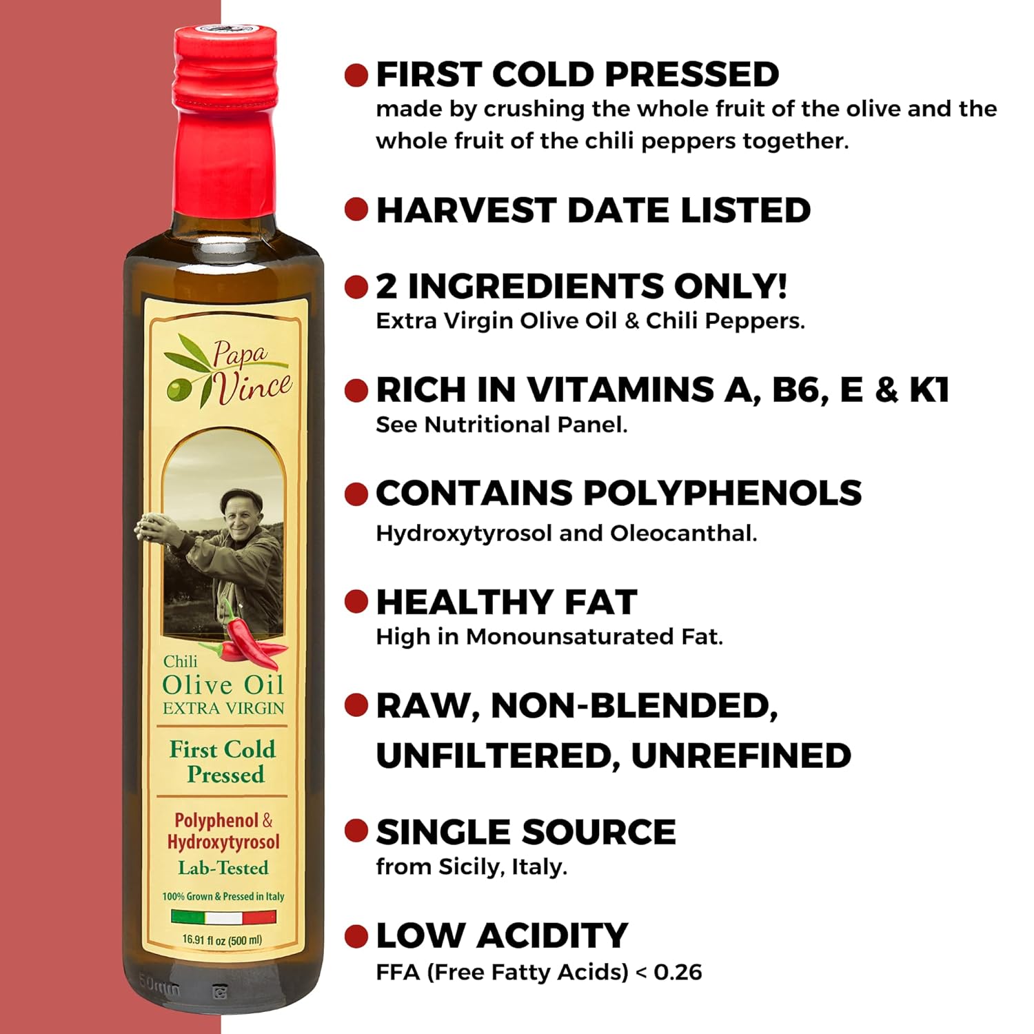 Papa Vince Olive Oil Extra Virgin - First Cold Pressed, Polyphenol Rich Olive Oil (EVOO). Chili Pepper Agrumato, Unfiltered, Single Sourced, Glass Bottle, Family made, Sicily, Italy - Image 3