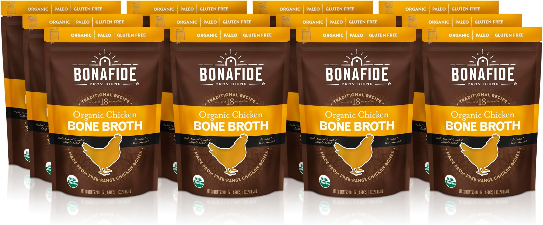 Bonafide Provisions Fresh Organic Chicken Bone Broth, Frozen 24 fl oz – Gluten-Free, Paleo, and Keto. For Sipping & Cooking, Pack of 12