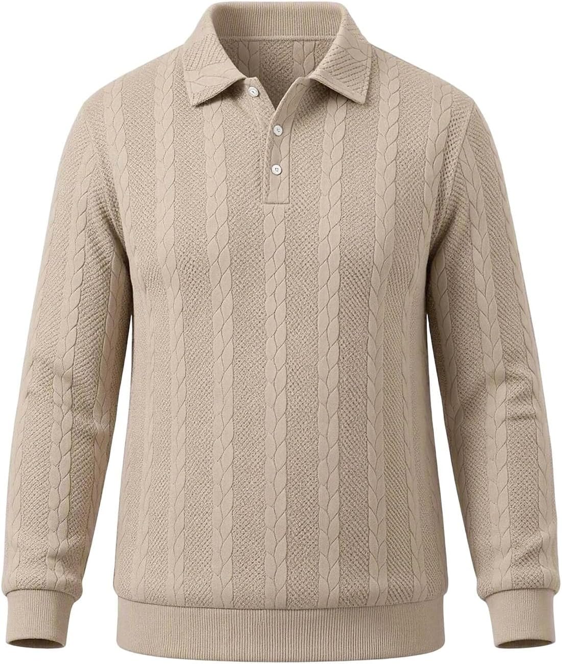 Men's Classic Jacquard Polo Shirt Long Sleeve Button Neck Sweater