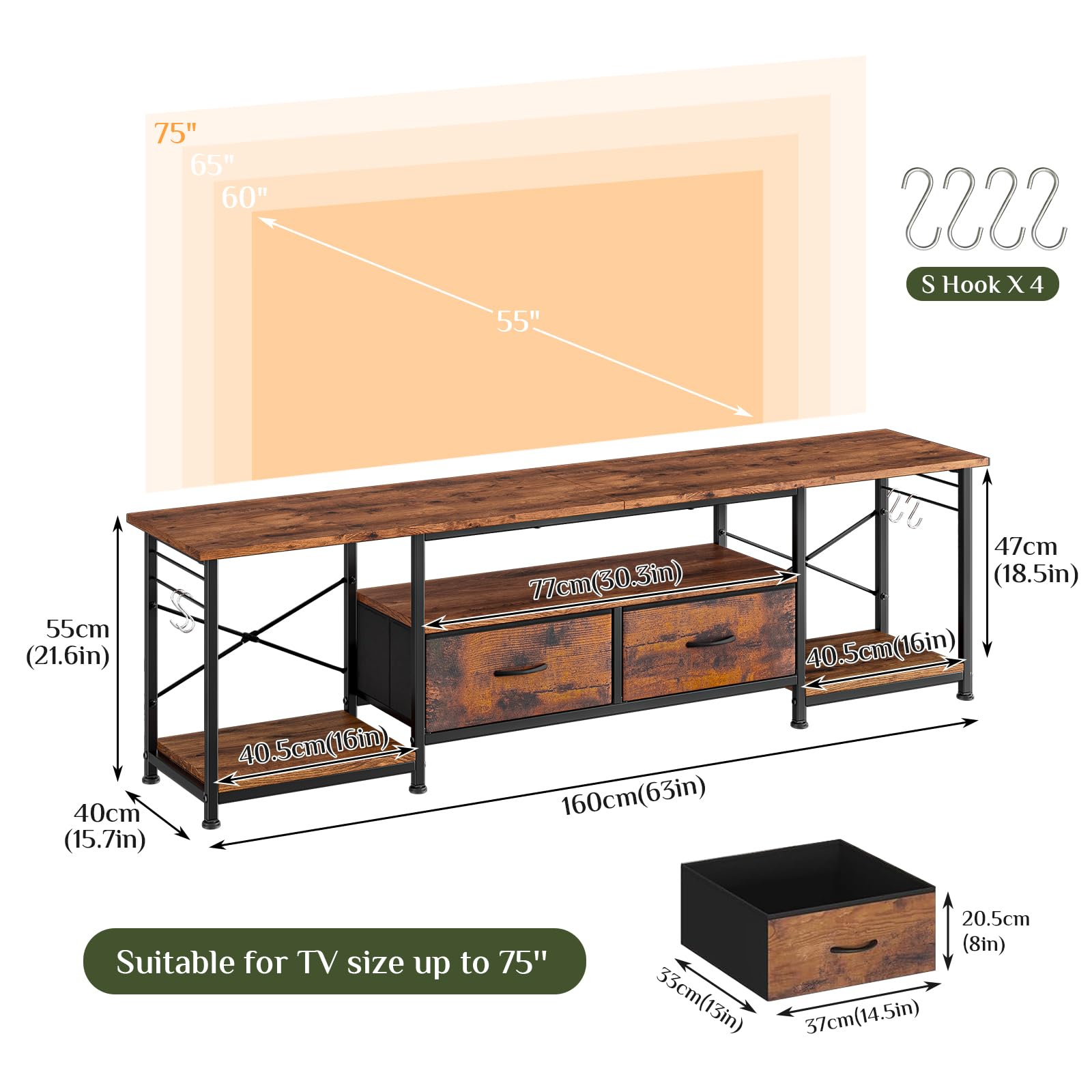 KZOBYD TV-Ständer für Fernseher bis zu 177,8 cm, TV-Einheit, TV-Konsolentisch mit Schublade und offenen Regalen, 160 cm, Media-Entertainment-Center, TV-Ständer, Kommode für Wohnzimmer und Schlafzimmer