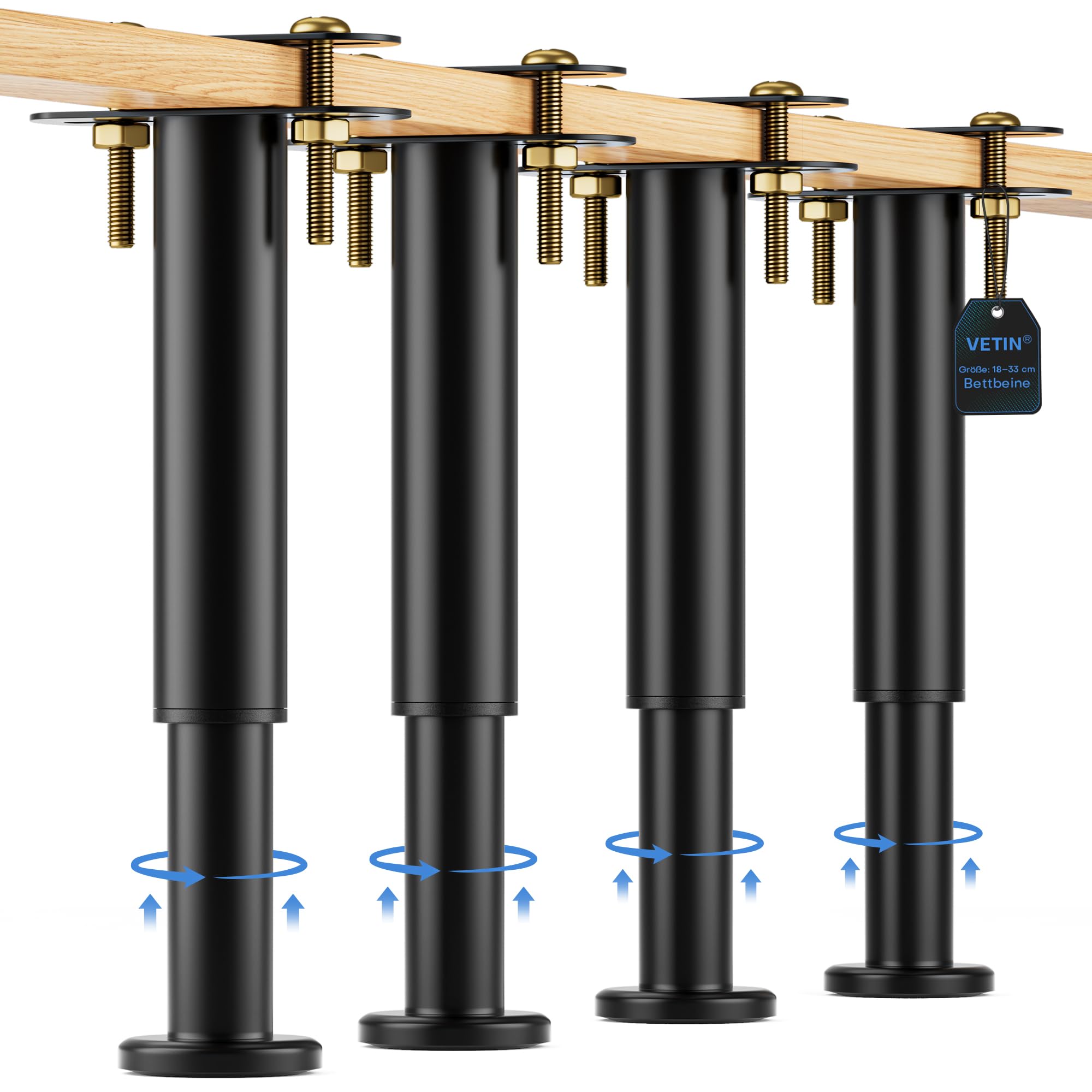 VETIN Lot de 4 Pieds de Lit Réglables en Hauteur, Pieds de Lit en Métal 18-33 cm, Pieds de Support Centraux du Cadre de Lit, Adaptés aux Lattes du Cadre de Lit/du Centre du Lit