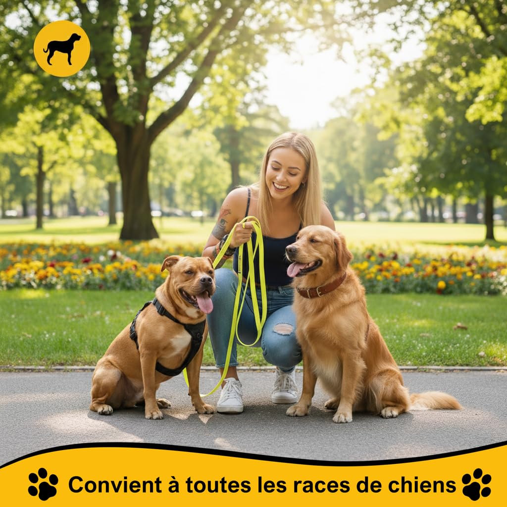 Longe pour Chien 10m, Laisse Chien avec Deux Poignées, Sac de Rangement Longue Corde, Laisses de Dressage pour Chiens Solide, Laisse pour Chiot/Gros/Petit (Jaune-Vert 01, 15m)