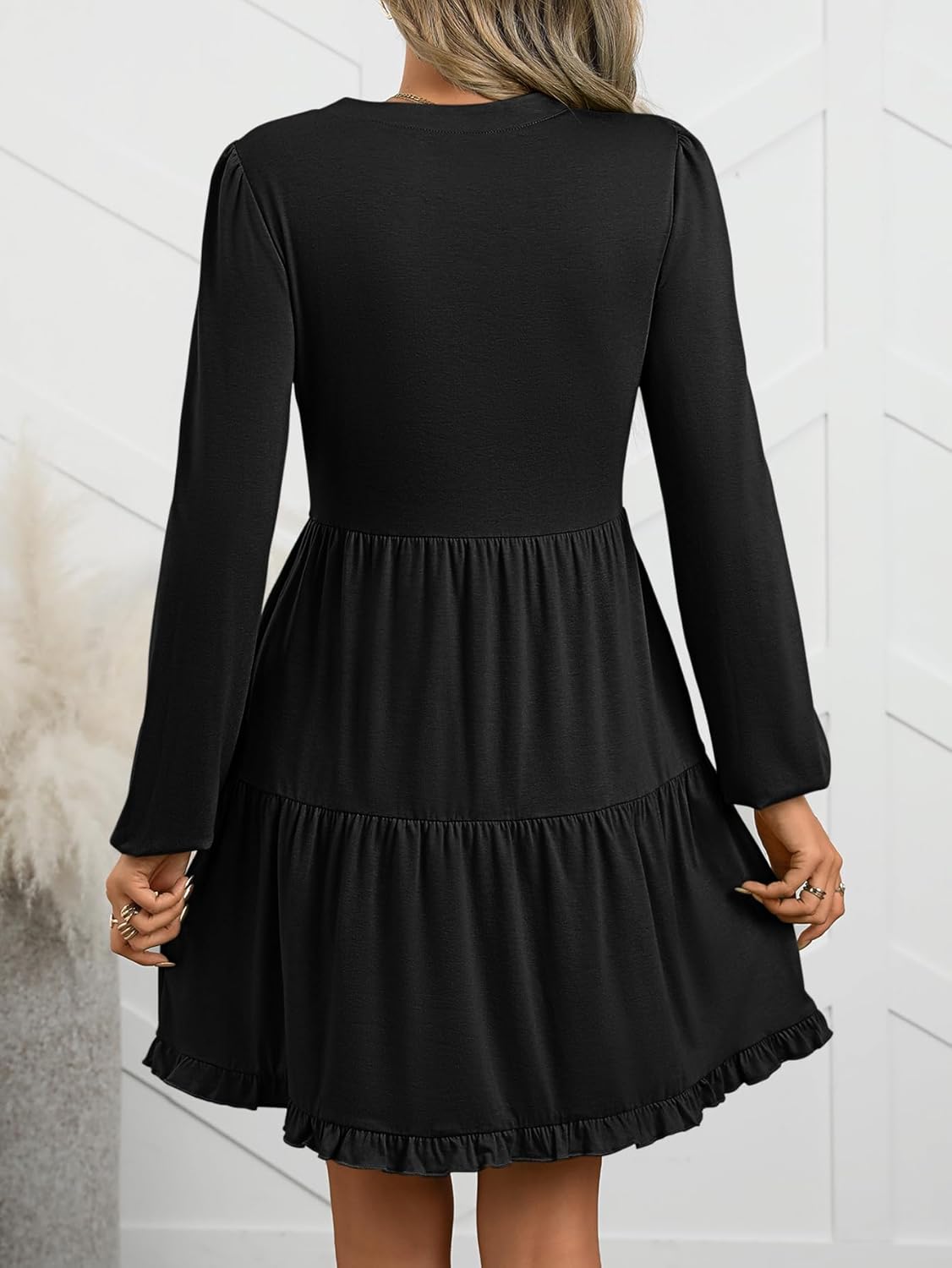 ANRABESS Womens Long Sleeve Dress 2025 Fall Casual V Neck Tiered Flowy Swing Short Mini Dresses Beach Travel Vacation Outfits - Image 5