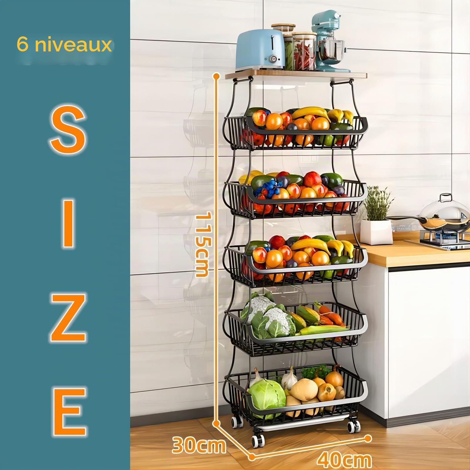 Paniers de rangement empilables en fil de métal avec roulettes, étagère de rangement à 6 niveaux, chariot à fruits et légumes, étagère à vaisselle pour salle de bain, garage et garde-manger