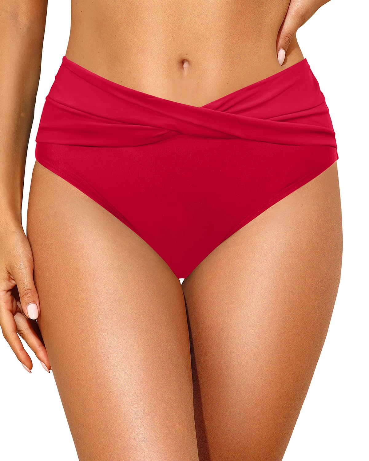 Tempt Me Women Mid Waist Bikini Bottoms - V Cut Bathing Suit Bottoms Twist Front Swimsuit Bottoms Ruched Swimwear 2025