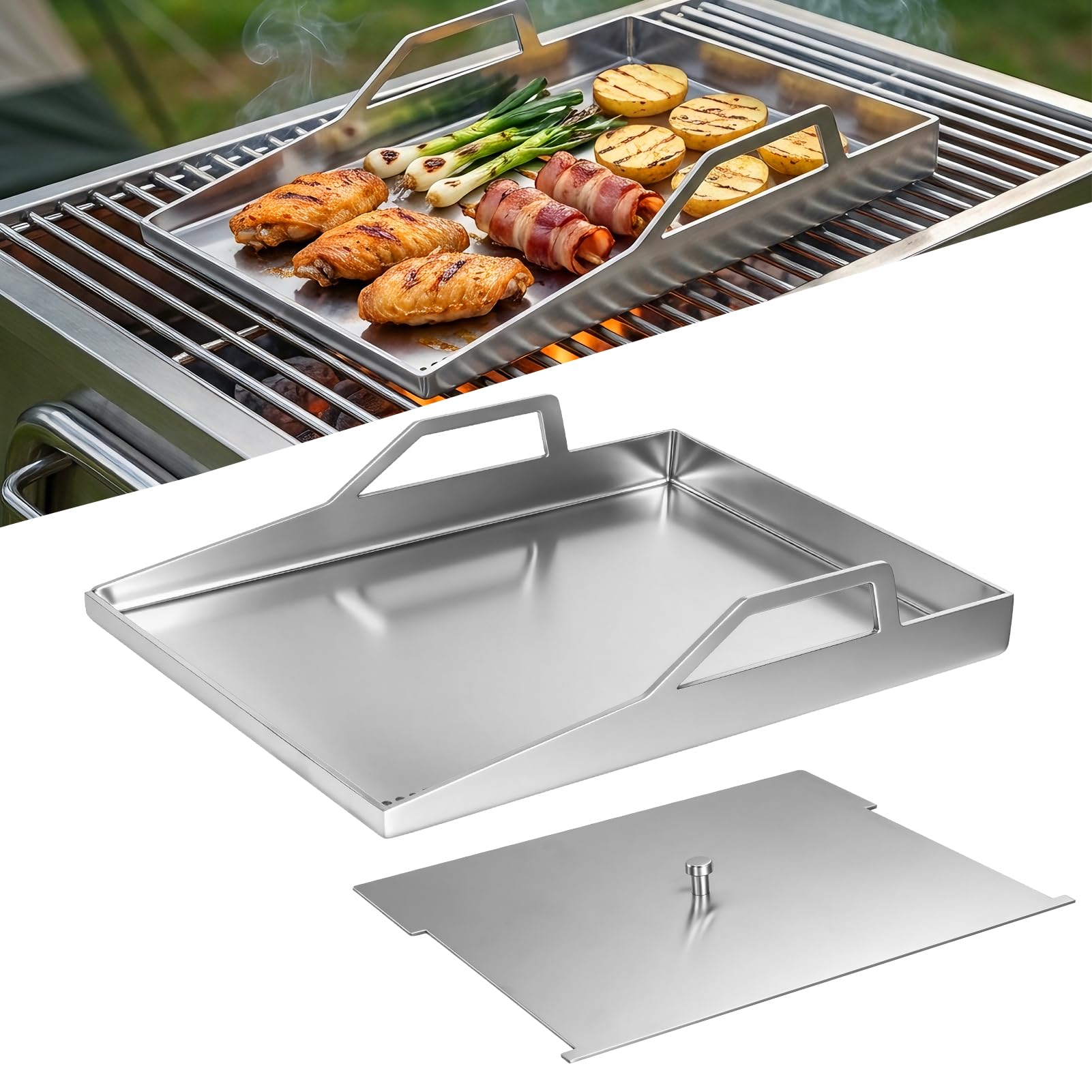 Edelstahl Grillplatte Plancha Universal 40x30 cm Gas Holzkohlegrill Anti-Stick | Grillschale für Kohle und Gasgrill Burger Spiegelei Grill Platte mit Deckel