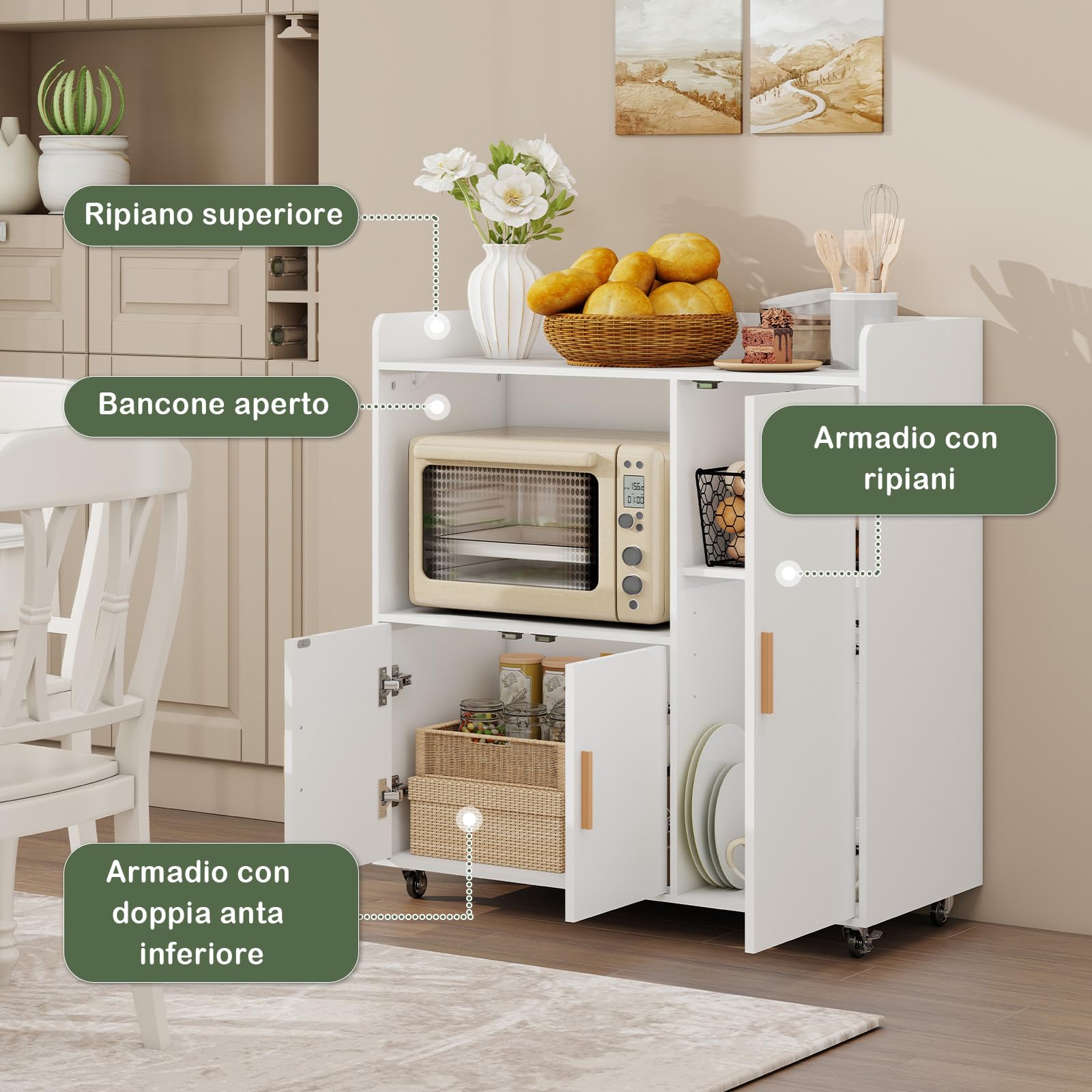 YU YUSING Carrello Cucina con Ripiano Aperto, Mobile Microonde con 4 Ruote