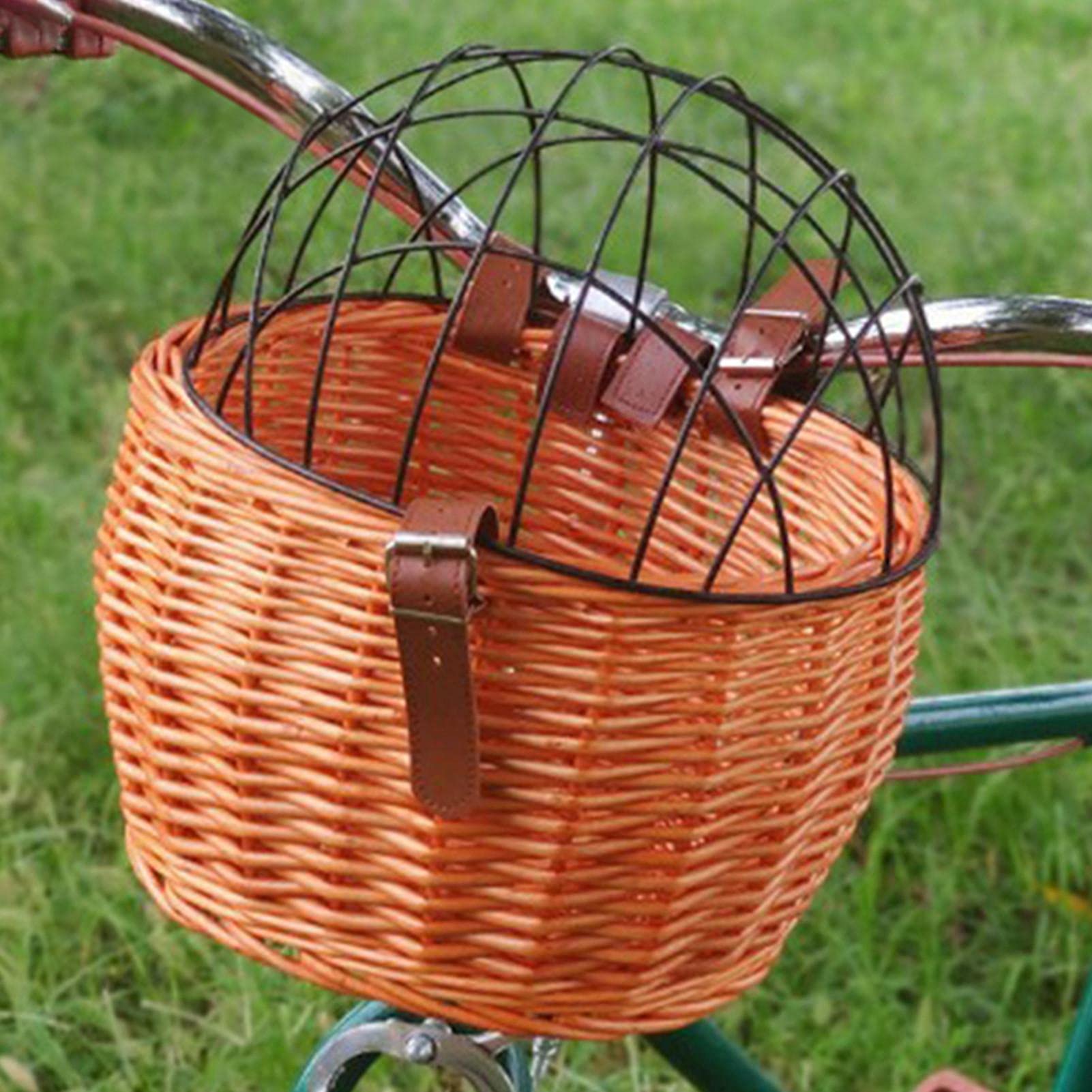 Cesta de Bicicleta para Mascotas, Cesta de Mimbre para Bicicletas para Perros Pequeños, Gatos, Cesta Delantera con Cubierta de Malla de Alambre