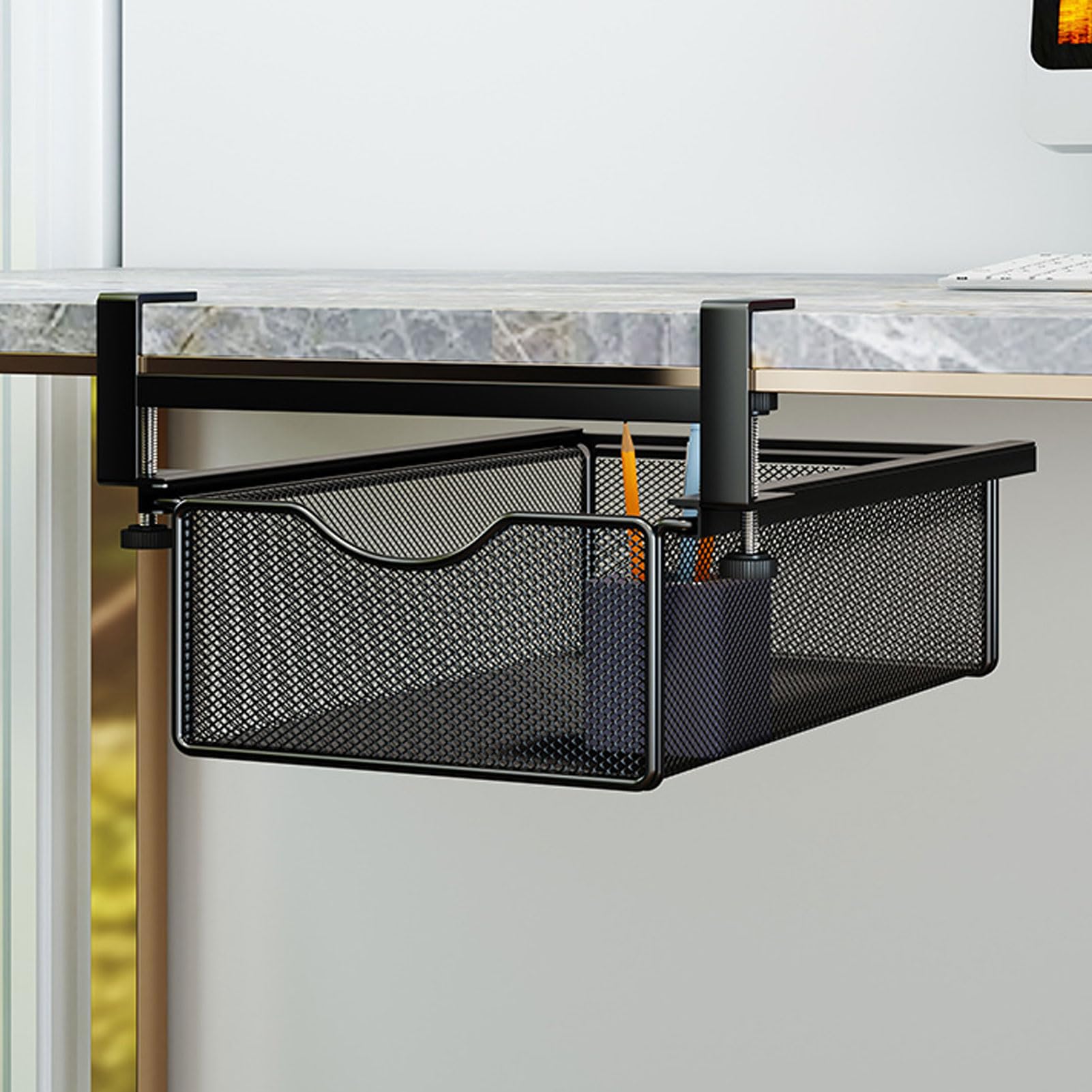 Brrnoo Cassetto Organizer Sotto la Scrivania, Vassoio Estraibile in | Acciaio Al Carbonio Antiruggine, Installazione a Morsetto Senza Fori, Adatto per Tavoli Fino a 3,8 Cm di spessore.