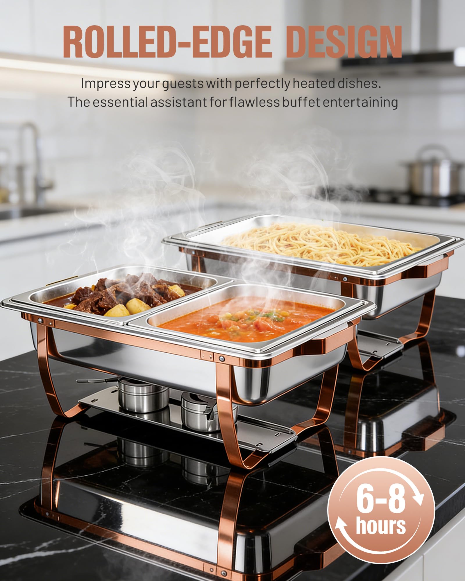 Chafing Dishes Buffet 2pcs, 9L, Scalda Vivande Portatile Rettangolare con Coperchio a Scomparsa [2 Vaschette Intere 4 Mezze Vaschette] Scaldavivande per Feste, Compleanni, Festività, Eventi in Chiesa