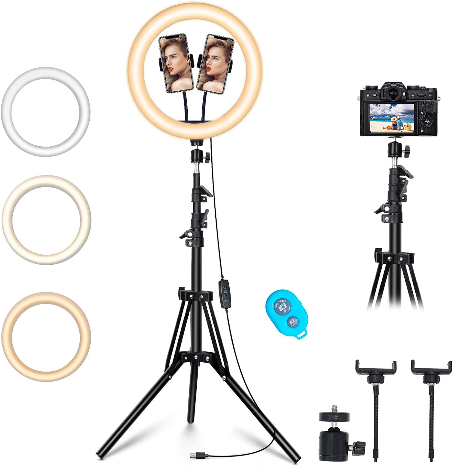 12" Ring Light with Tripod Stand & 2 Phone Holder, Dimmable USB Beauty Ring Lights with Bluetooth Remote, LED Selfie Ring Light for Photography/Makeup/Live Stream,Compatible with iPhone and Android