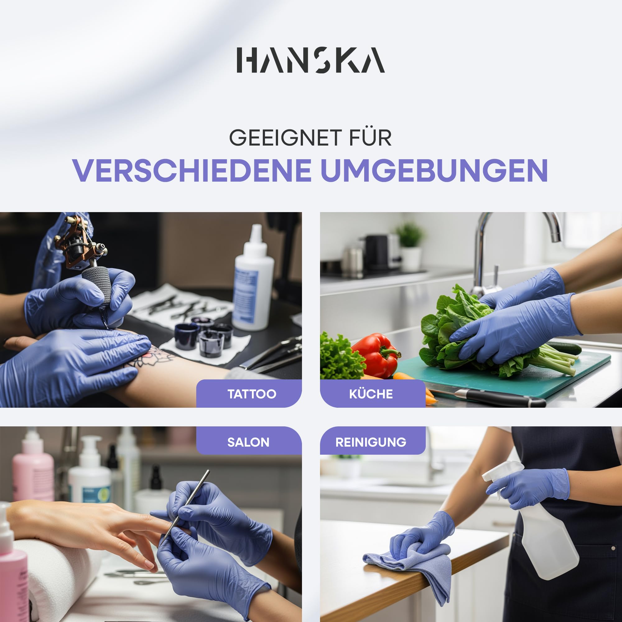 HANSKA 1000 violette Nitril-Einweghandschuhe – puderfrei – Einweg – beidhändig – nicht steril – Gummibasis – geeignet für medizinische Bereiche, Handhabung von Lebensmitteln (1000, L)