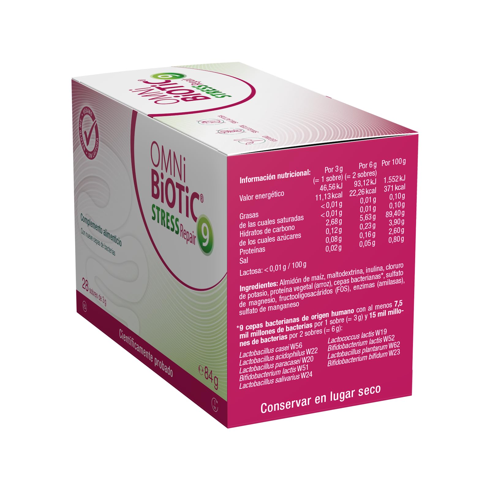 OMNi BiOTiC Stress Repair | 28 sobres (84 g) | Probiótico | 9 cepas bacterianas | 15 mil millones de bacterias por dosis diaria | Polvo | Vegano | Sin gluten | Sin lactosa | Para uso diario