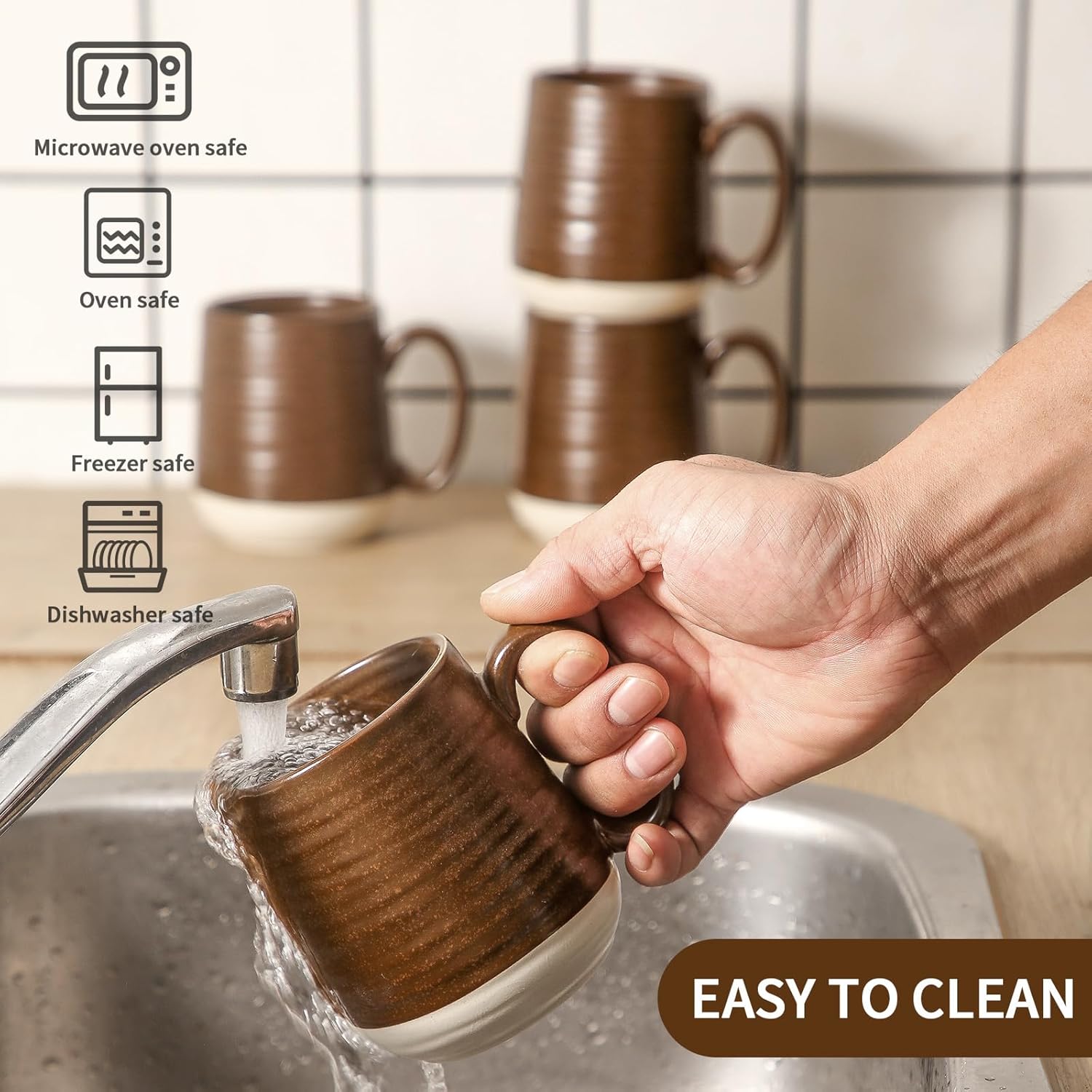 HASENSE Porcelain Coffee Mugs Set of 4-15 Ounce Large Ceramic Coffee Cups Set with Handle for Latte, Tea, Cocoa and Hot Chocolate, Brown Coffee Mugs for Men and Women, Microwave Safe - Image 7