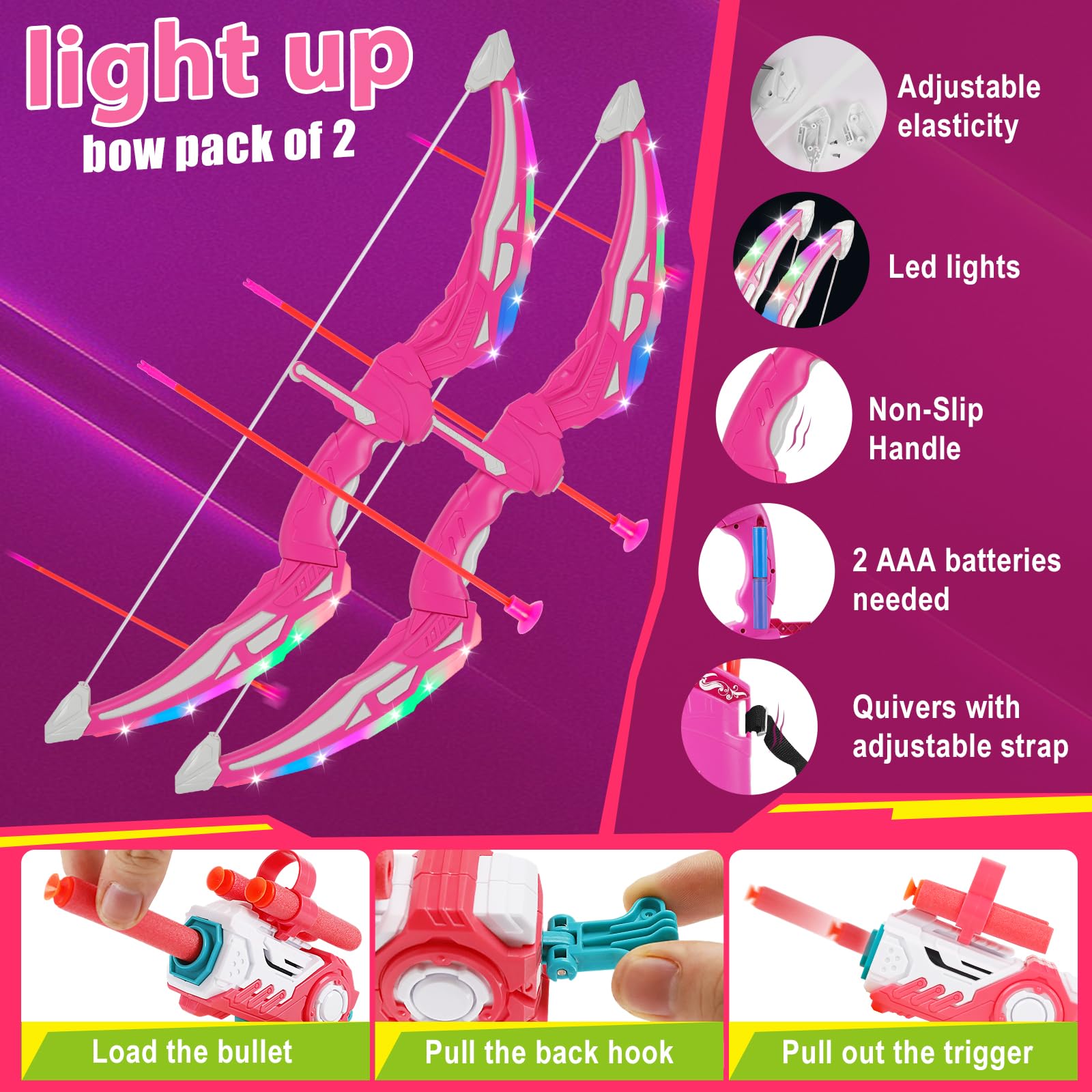 2 Pack Arco e Freccia per Bambini con Luci LED, Giocattolo per Bambini Tiro con l'arco Luminoso, Giocattolo Interno ed Esterno per 3-12 Anni Regalo Ragazzi Ragazze (Rosa)
