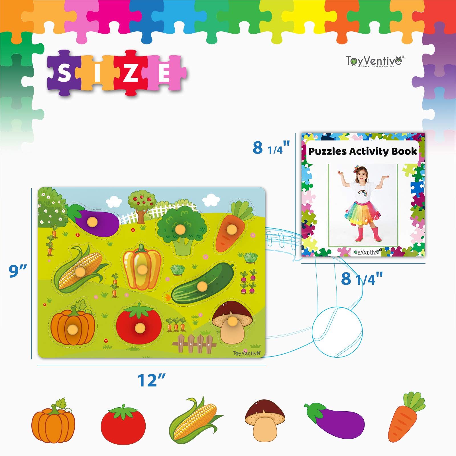 TOYVENTIVE Wooden Peg Puzzles for Toddlers 6 Pack with Wire Puzzle