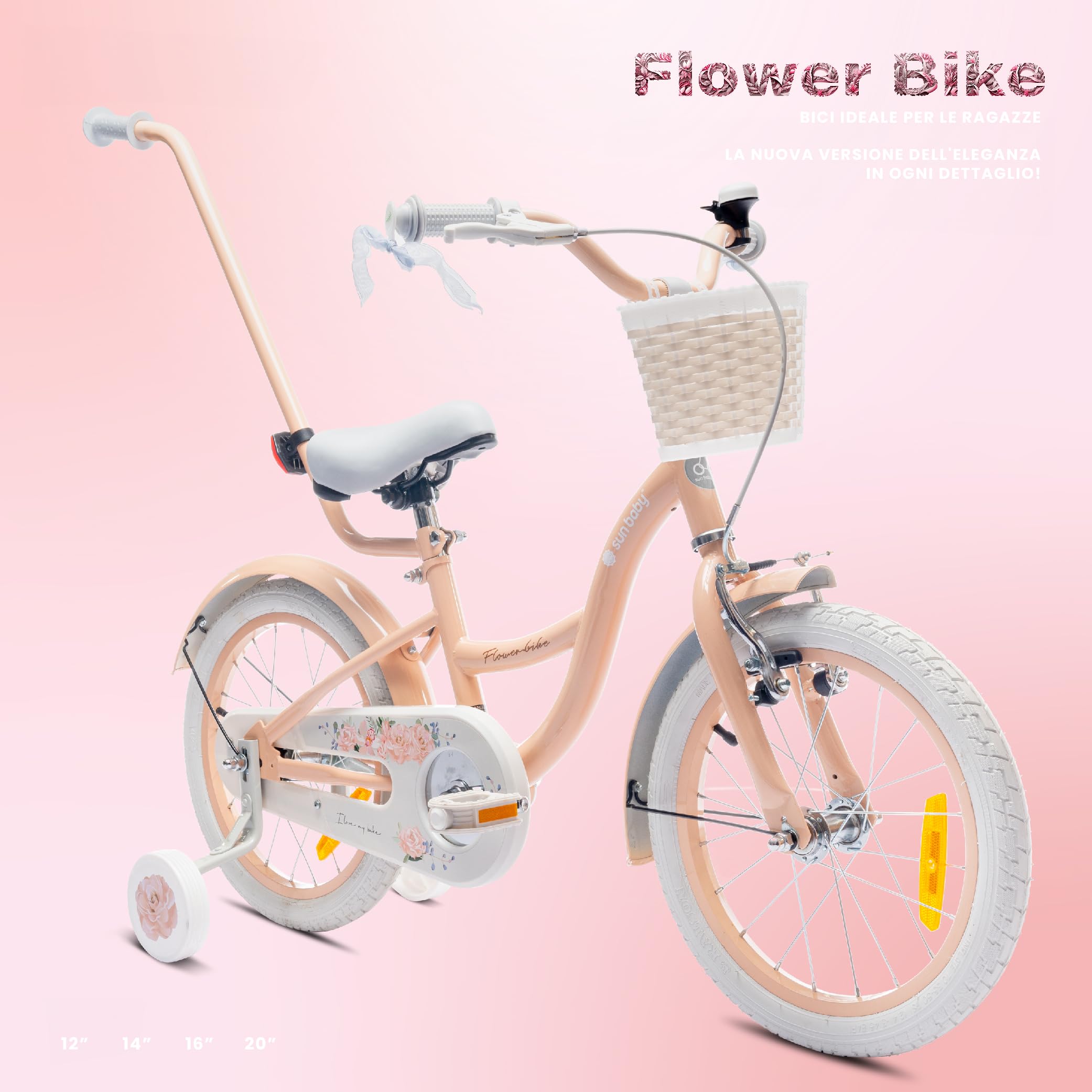 sun baby Flower Bike Bici bambina 12/14/16 pollici, bicicletta per bambini con rotelle, barra di spinta, cestino, campanello, freno contropedale e V-Brake