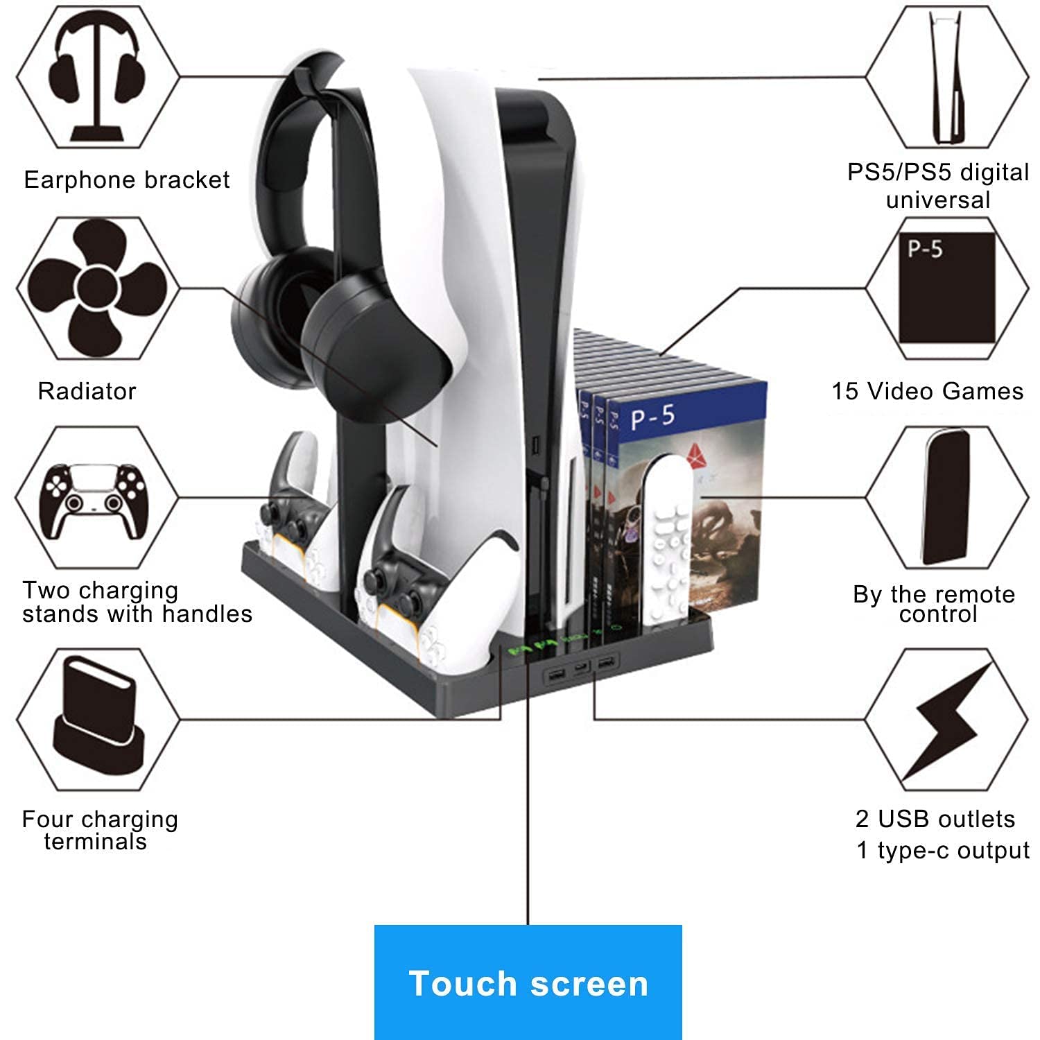 Supporto PS5 base ventola di raffreddamento silenziosa, 1 supporto per cuffie, 2 caricabatterie per controller, 15 slot per dischi di gioco e 1 scatola di archiviazione remota multimediale (Black)