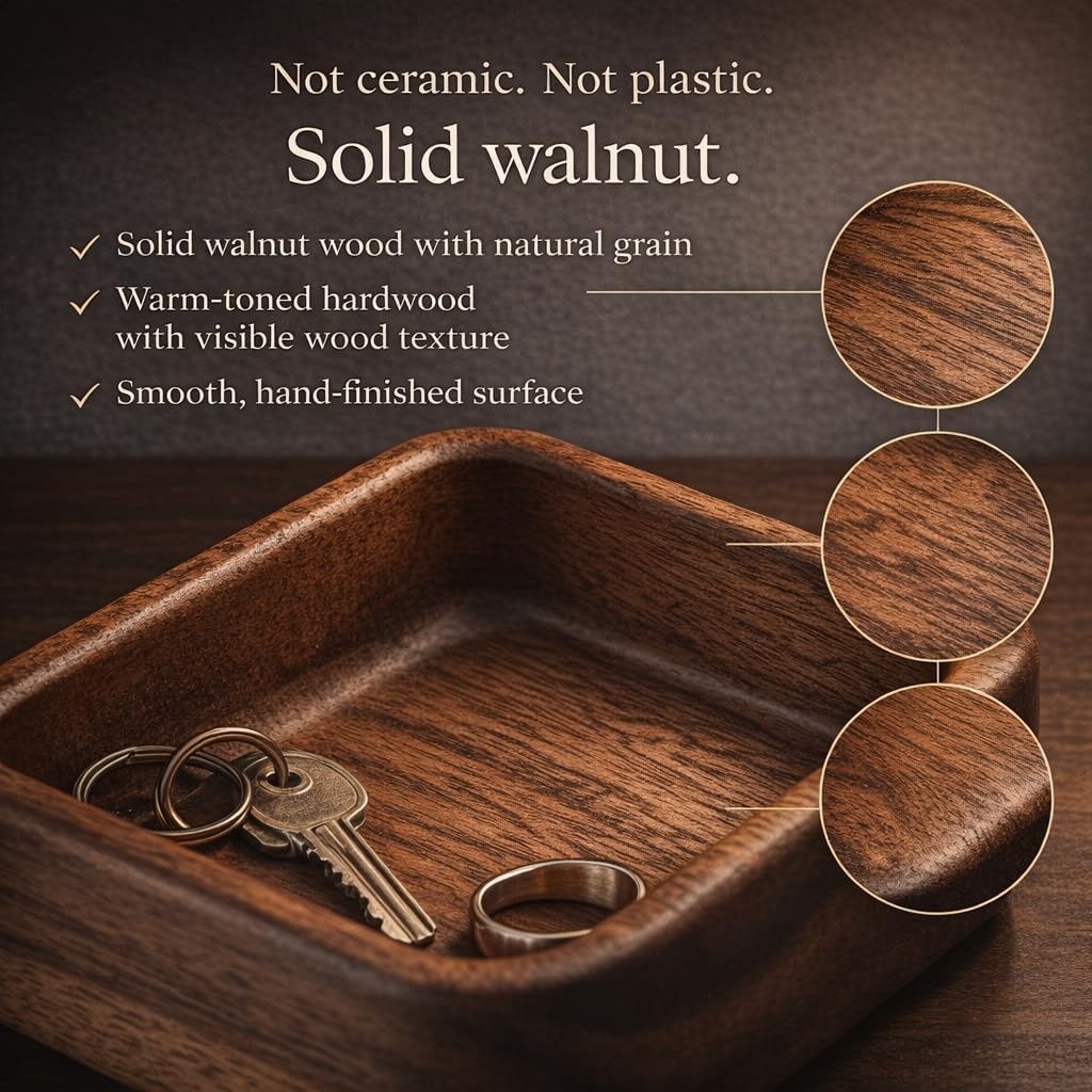 Walnut Wood Ring Tray 3.86 Inch, Mini Valet Tray for Daily Carry, Solid Wood Drop Zone for Keys Watch Jewelry, Bedside Desk Entryway Catchall image 2