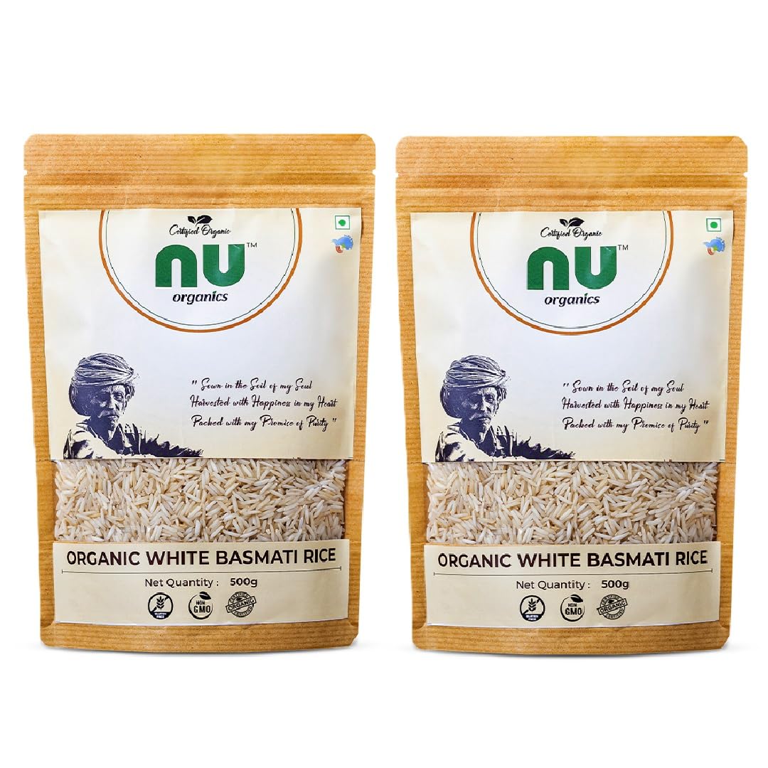 Nu Organics Basmati Raw Rice - 1kg | Long-Grain | Source of Protein | Naturally Gluten-Free | Pesticide-Free | White Rice