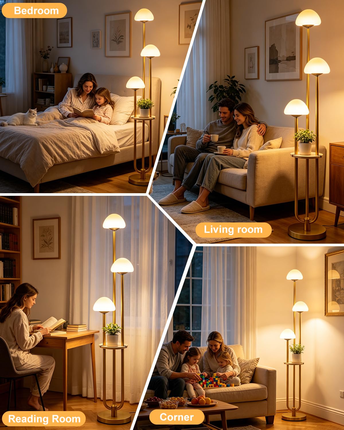 Gold Dimmbare Stehlampe mit Tisch, Moderne Stehlampen für Wohnzimmer, 3000K Warmweiß Hohe Stehleuchte mit Pilzschirmen & Glühbirnen für Schlafzimmer/Büro