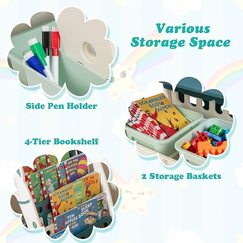 Miniatura 5 de GLACER Caballete de arte para niños 3 en 1 con taburete, pizarra magnética de borrado en seco de doble cara, estante para libros de varias capas, 2