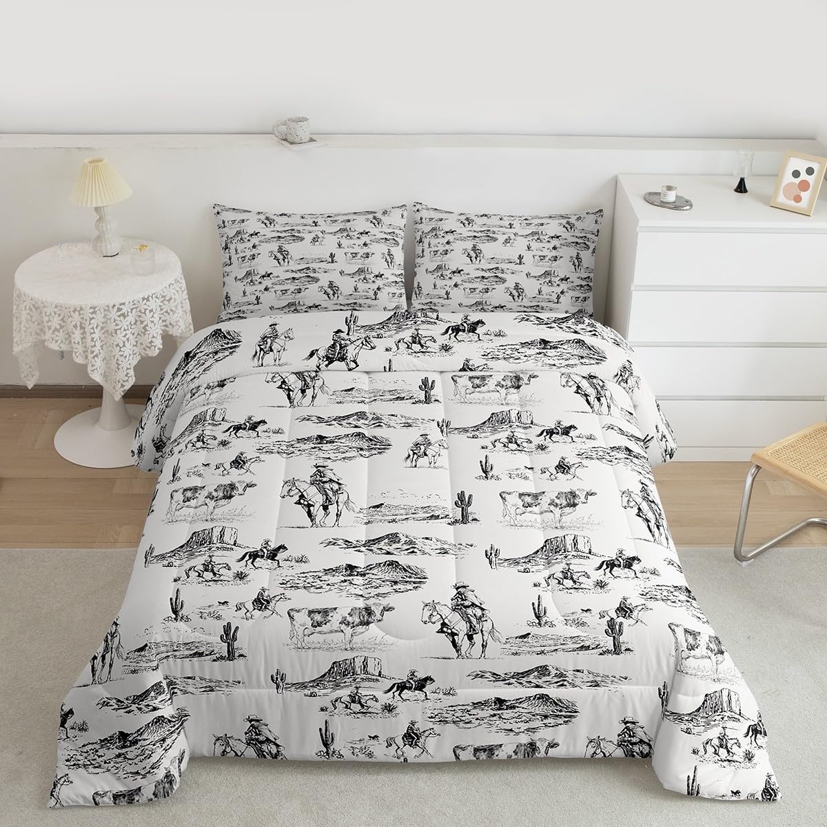 Feelyou Western Decor Comforter Set for Kids Boys Girls Wild West Cowboy Comforter Full Size Rodeo Cowboy Style Bedding Set Bedroom Decor White Duvet Set Quilt Set 3Pcs