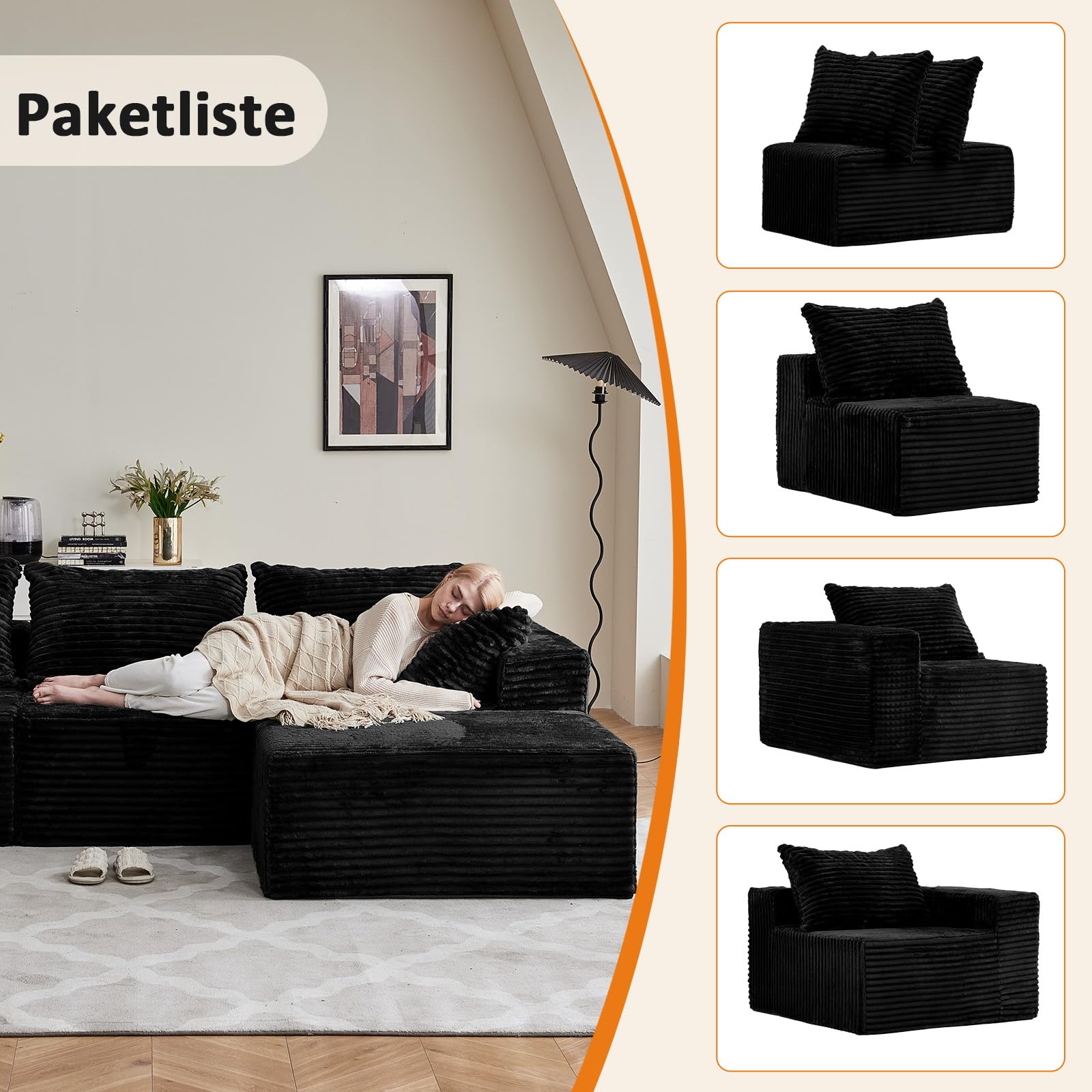 Vamcheer Modulares Ecksofa mit Schlaffunktion – L-Form Sofa als Wohnlandschaft, Big Sofa im Cloud Couch und Boneless Couch Design, Sofas & Couches fürs Wohnzimmer, Schwarz