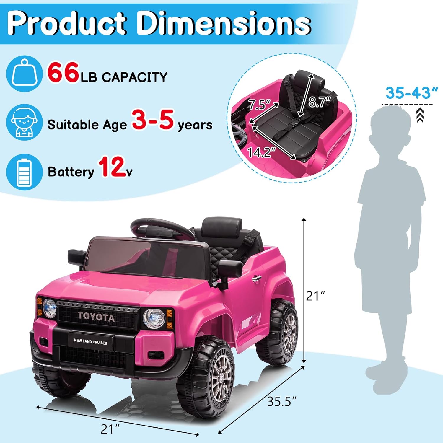 Winado 12V Ride on Car, Licensed Toyota Kids Electric Truck for Toddlers Car W/Remote Control, Battery Car for Kids with Openable Doors, 3 Speeds, LED Lights, Music (Pink)