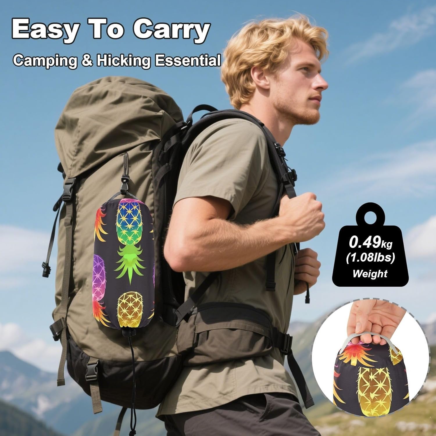 ALAZA Rainbow Pineapple Camping Hammocks Single or 2 Person 500 lbs Portable Parachute Travel Hammock w/Tree Straps for Hiking Backpacking Indoor Outdoor