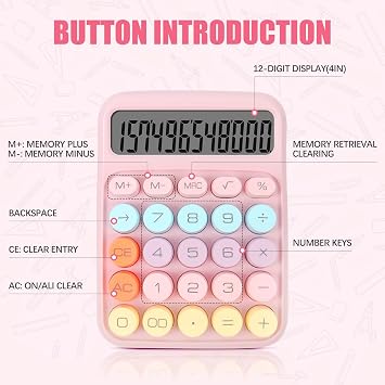 lohey Calculator, 12 Digit Cute Desk Calculator with LCD Display and Big Round Buttons, Pink Calculators Large for Office Home School Business