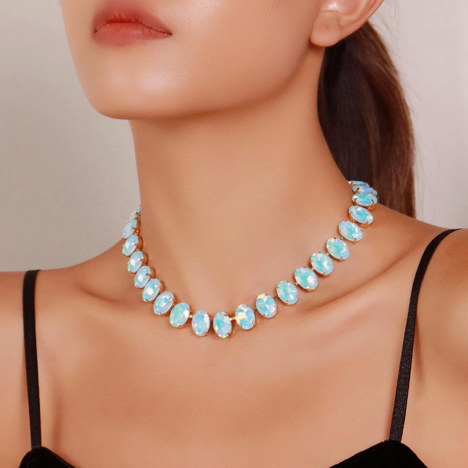 Firstmeet Oval Crystal Rhinestone Choker Collar Necklace Wedding Bridal Gift Jewelry for Women - Image 2