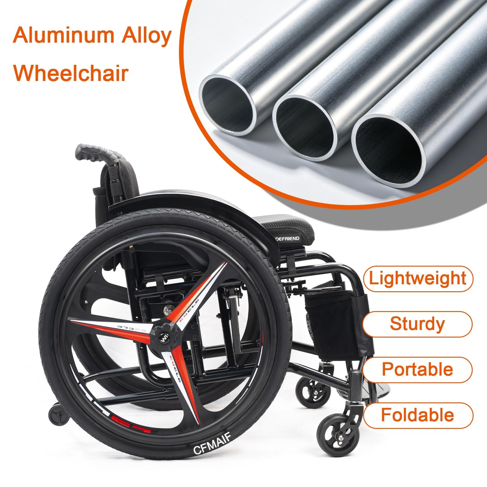 Silla de ruedas deportiva, manual, Plegable, ultraligera,Transporte,Aluminio,Reposapiés abatibles,Frenos de mano(Daily,43cm/16.9in Seat)