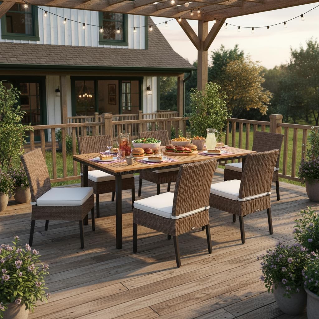 Tangkula 55 Inches Acacia Wood Patio Dining Table for 6, Rectangle Outdoor Dining Table with Metal Frame and Umbrella Hole, 6-Person Outside Table for Patio, Garden, Yard