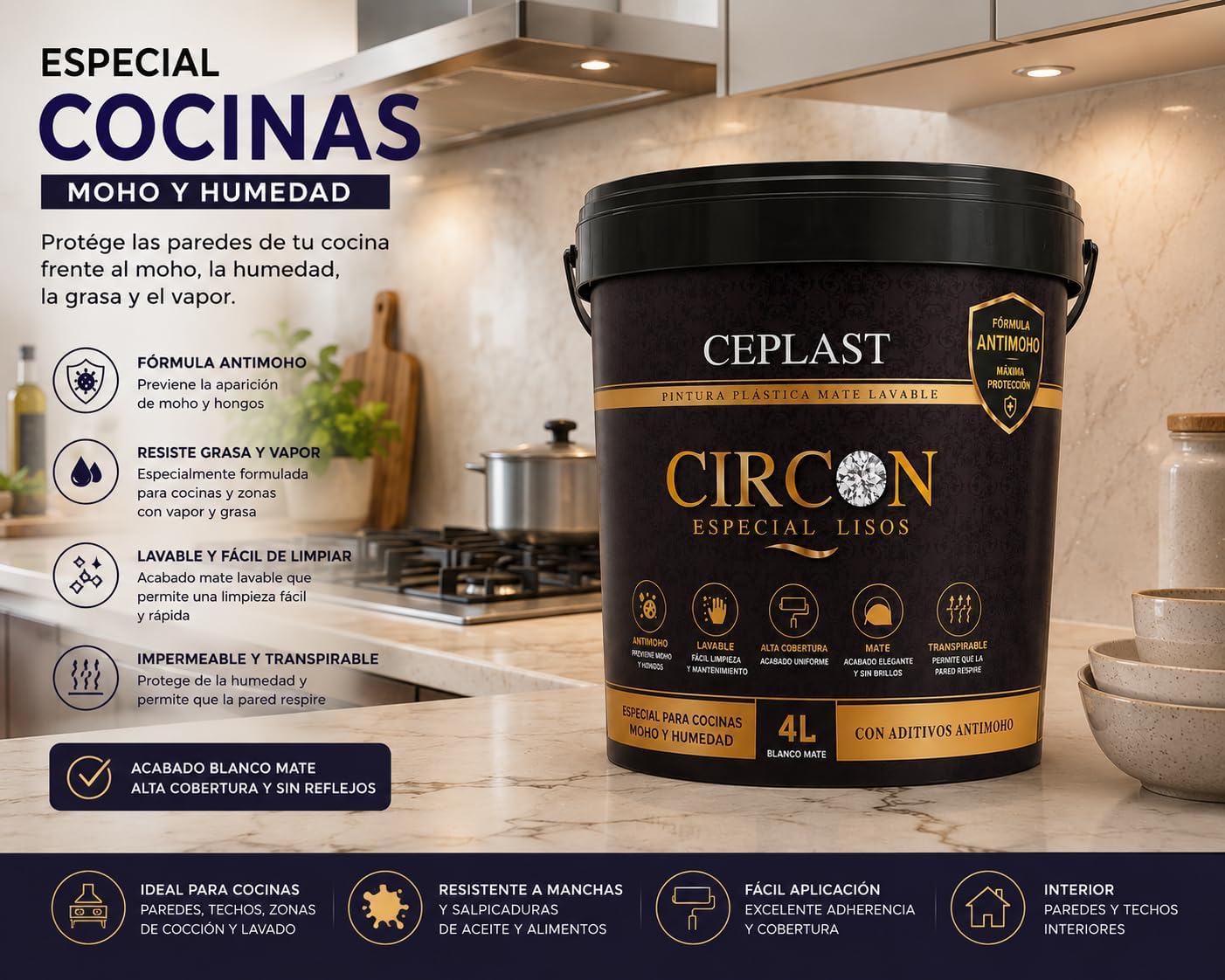 Kit Pintura Antimoho y Antihumedad Interior/Exterior Acabado Seda – Alta Cobertura, Sin Olor, Base Agua – Incluye Rodillo, Cubeta, Paletina 40mm, Cinta y Papel Kraft – Pintura Blanca Profesional