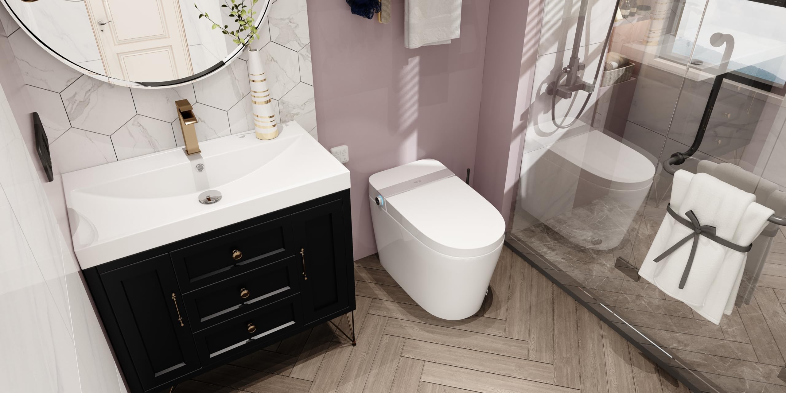 MEJE Inodoro automático inteligente con asiento de inodoro con calefacción, doble descarga integrada, drenaje de pared, lavado de pies, calefacción de asiento, mando a distancia, luz nocturna, color