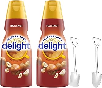 Candy Freezer International-Delight Liquid Coffee Creamer.- Two (2) 32 fl oz Bottles of Creamy Smooth Delightful Coffee Creamer and Mini Metal Spoons (Hazelnut) Shovel Spoons