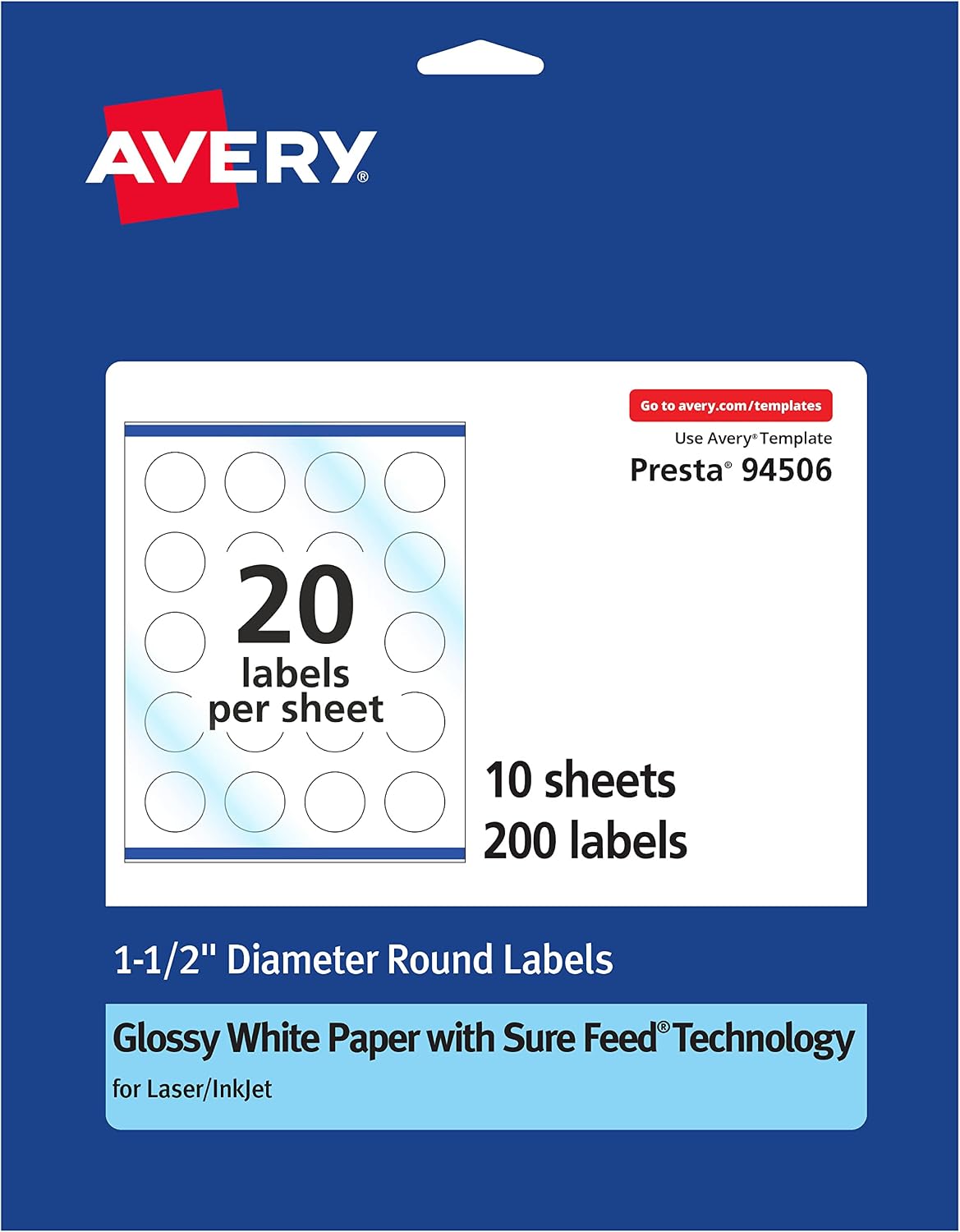 Avery Round Labels with Sure Feed, 1.5" Diameter, 200 Glossy White Labels (36491)