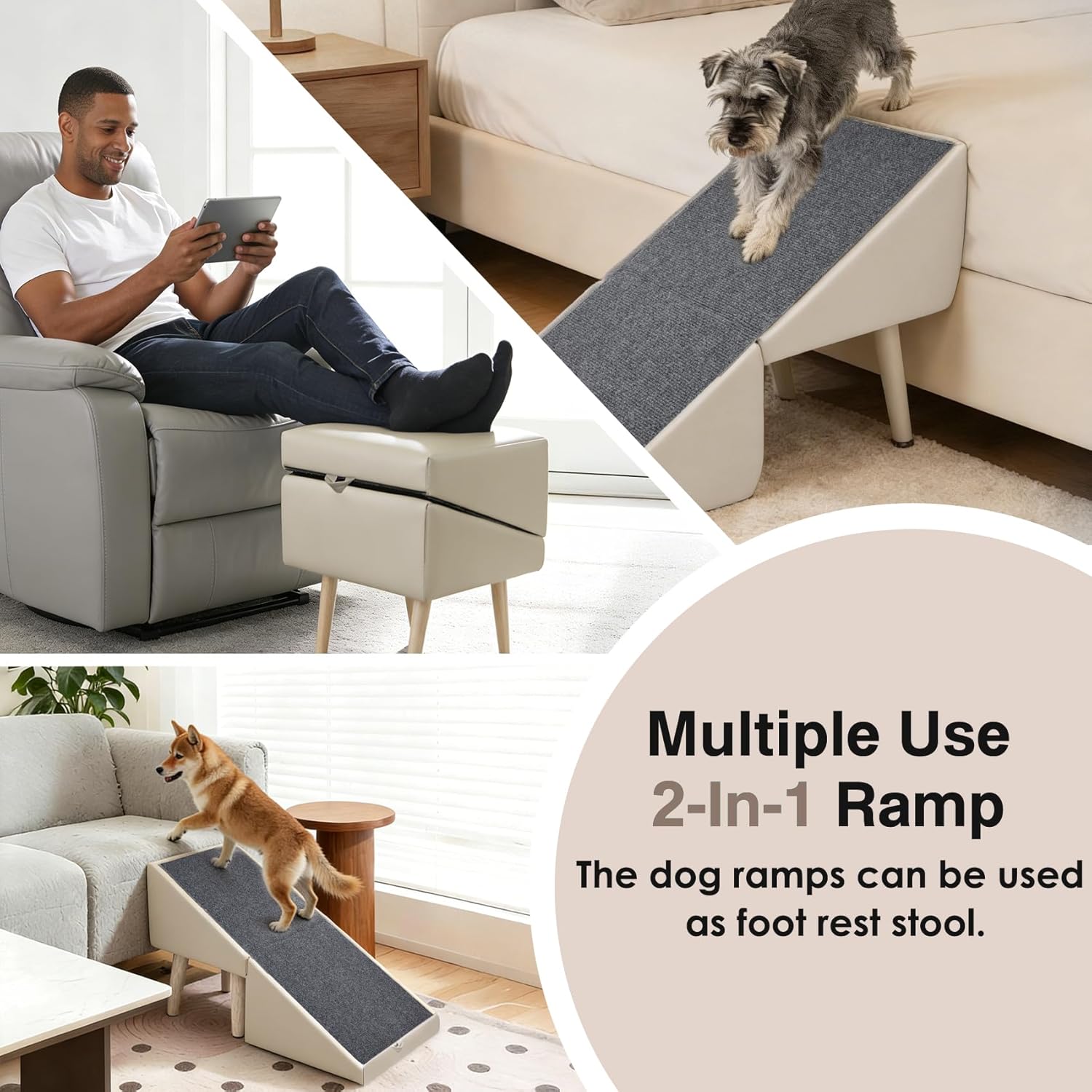 Split Ottoman Dogs Ramp, Dog Ramp for Couch and Bed, Dog Stairs for Small Dogs and Cats, 2-in-1 Foldable Wooden Pet Stairs and Ottoman,Non-Slip Fabric Surface Ramp for Couch and Bed Gray XXXL