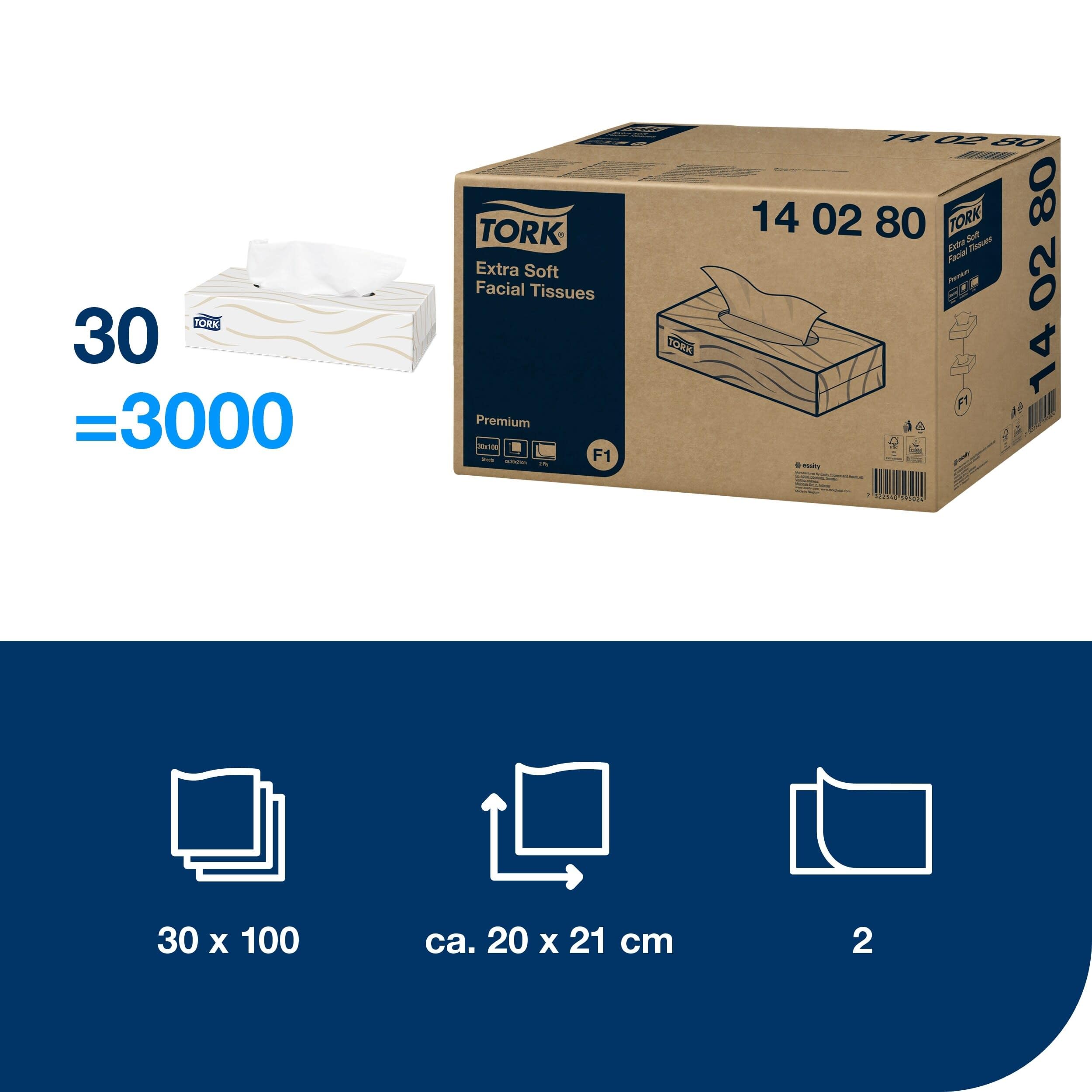 Tork Fazzoletti di Carta Morbidi Bianchi F1, Qualità Premium, 2 Veli, 30 x 100 Fogli, 140280