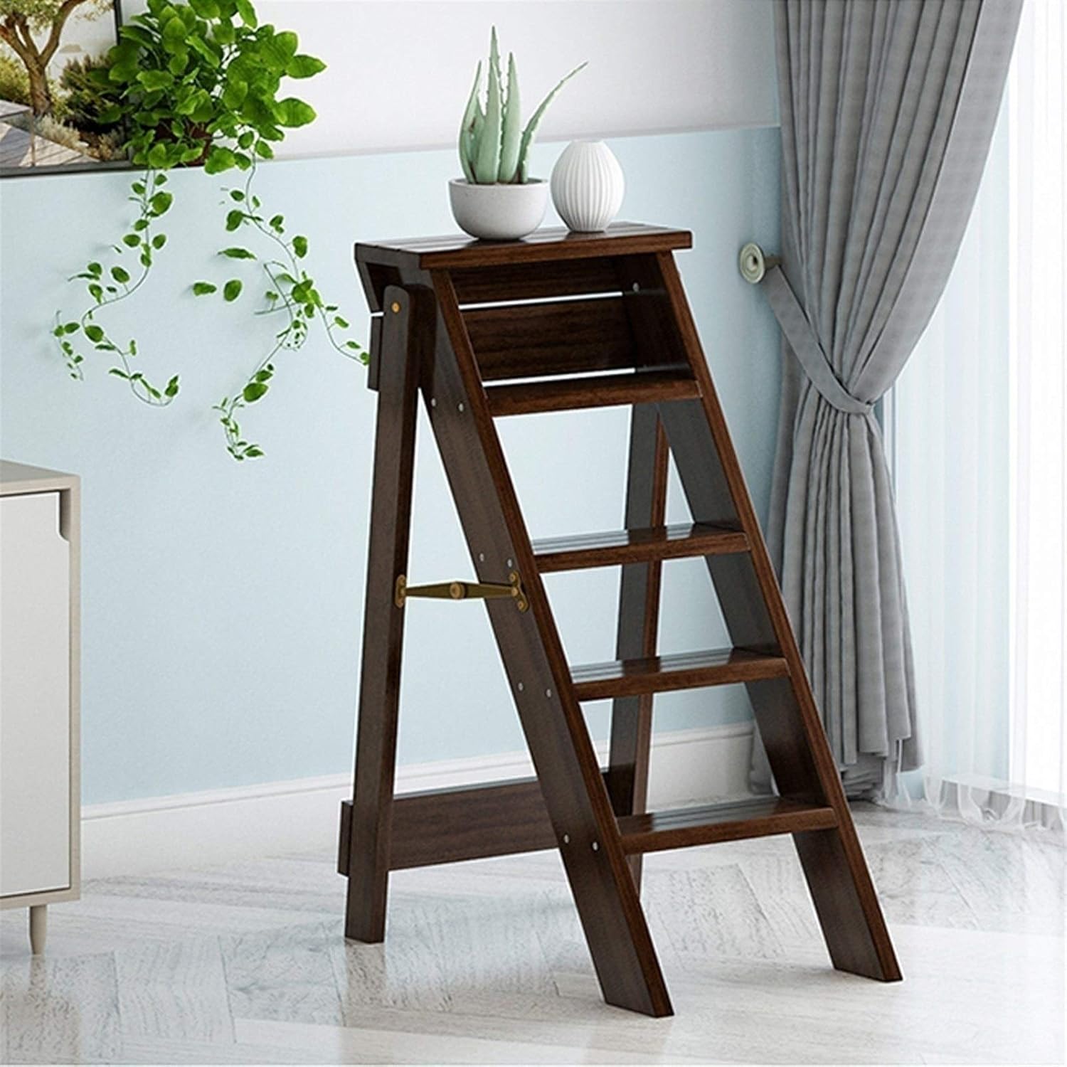 Folding Wood Stool Ladder Chair with Non Slip Tread 5 Step Portable Stairway for Indoor Climbing Space Saving Storage and Flower Rack Stand