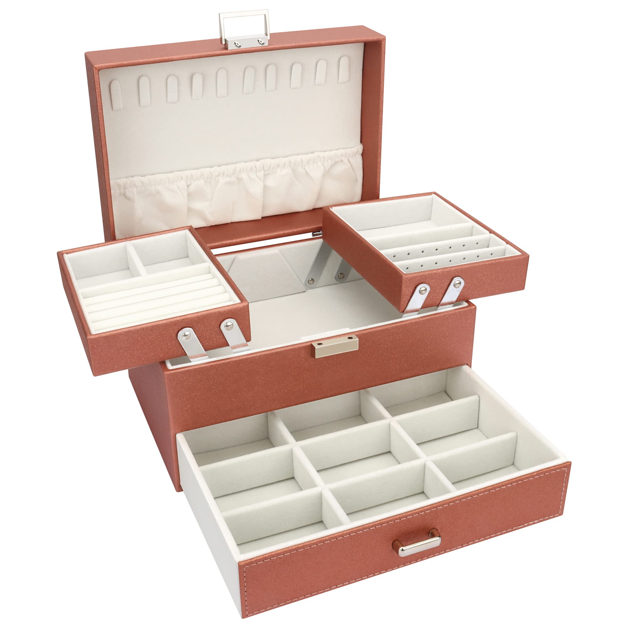 Schmuckkasten, Schmuckkästchen mit Schubladen für Damen Mädchen, PU-Leder Jewelry Box Schmuckbox Schmuckschatulle Groß Schmuckaufbewahrung für Ringe Ohrringe Armbänder Halsketten, Roségold