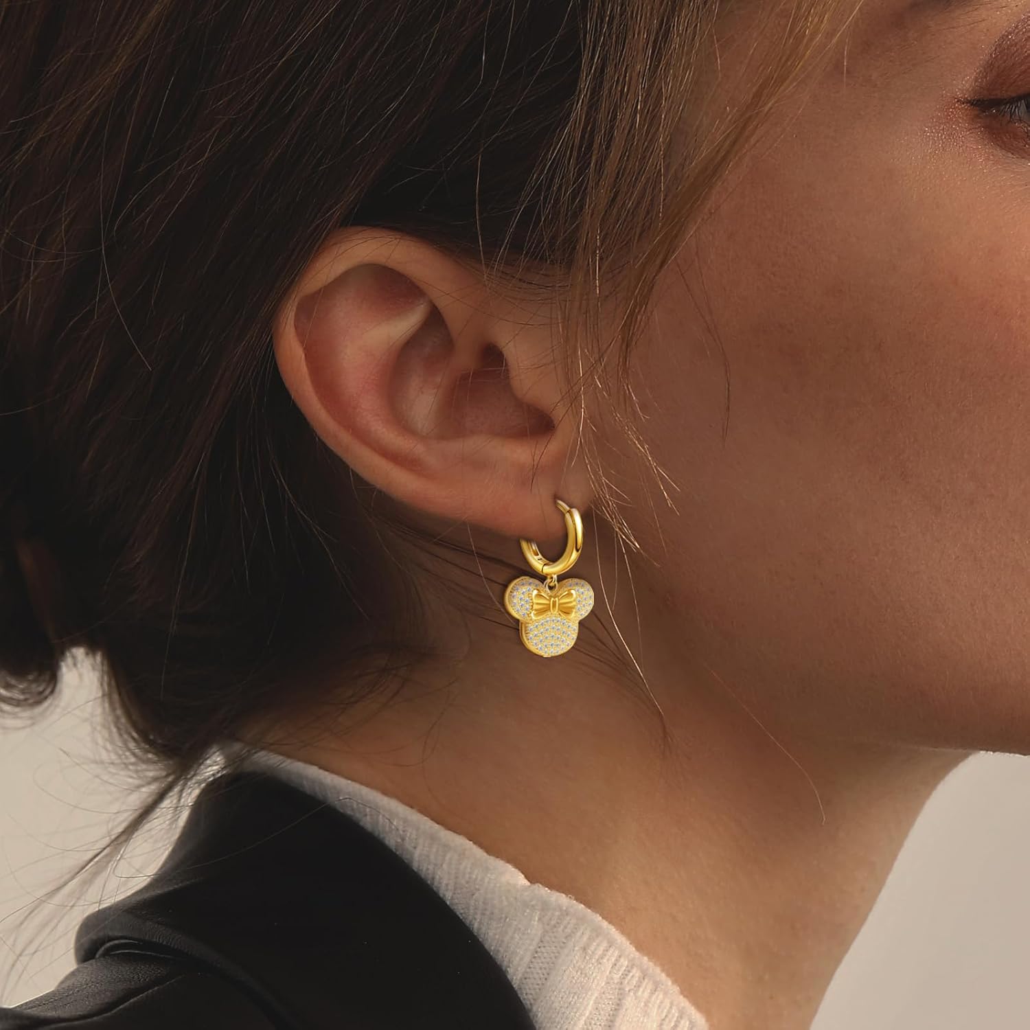 S925 Sterling Silver plated Gold Mouse Bow Earrings Cute Dangle Hoop Earrings Hypoallergenic Cubic Zirconia Bow Knot Dangling Earring Cartilage Animal Jewelry for Women Daughter Sister Birthday Party - Image 6