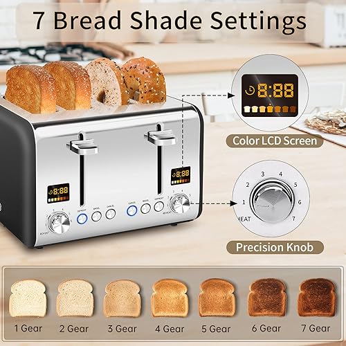 Miniatura 10 de SEEDEEM Tostadora de acero inoxidable de 4 rebanadas, pantalla LCD a color, 7 ajustes de sombra, ranuras de 1.5 pulgadas de ancho con funciones de
