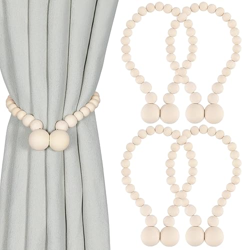 KLOGTSIND Alzapaños magnéticos para cortinas, paquete de 4 alzapaños de cortina de cuentas de madera, soportes de cortina para decoración bohemia de